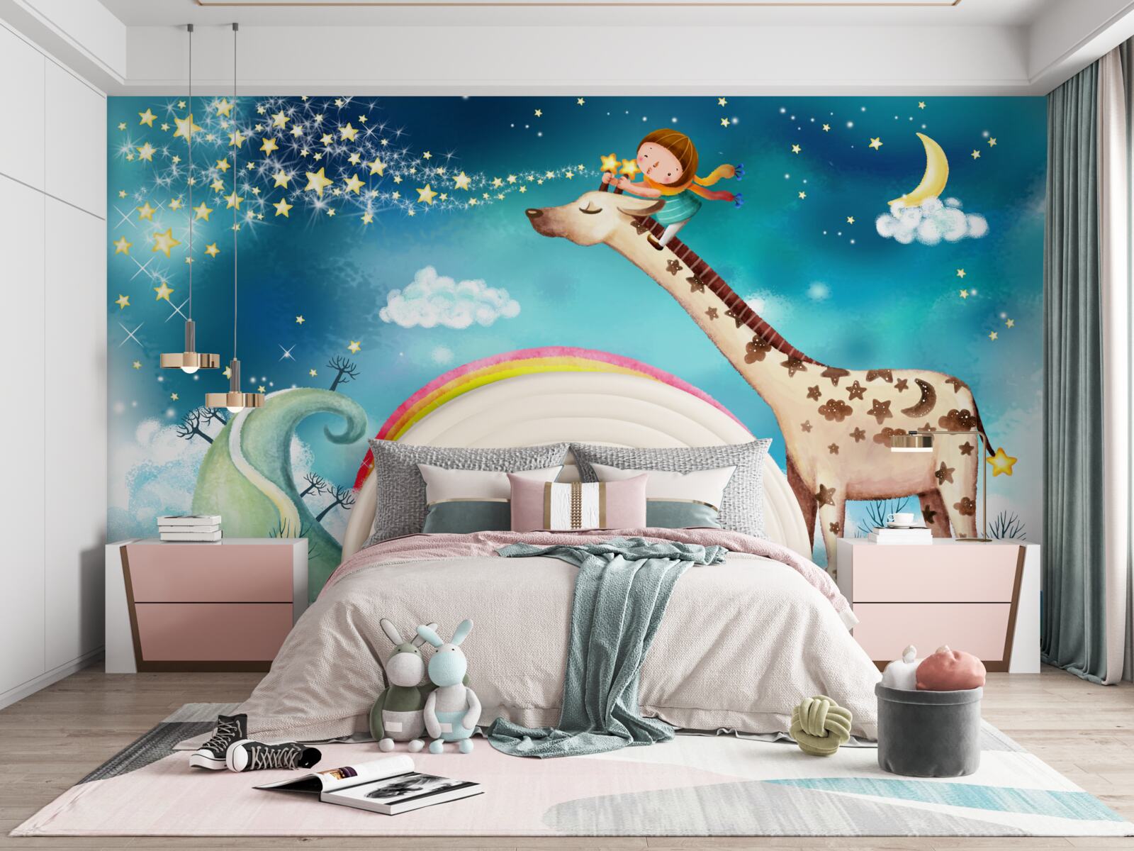 Fototapet copil pe o girafă pe un fundal curcubeu