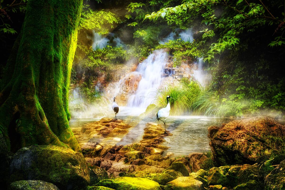 Fototapet cascadă magică de munte care cade în cascadă