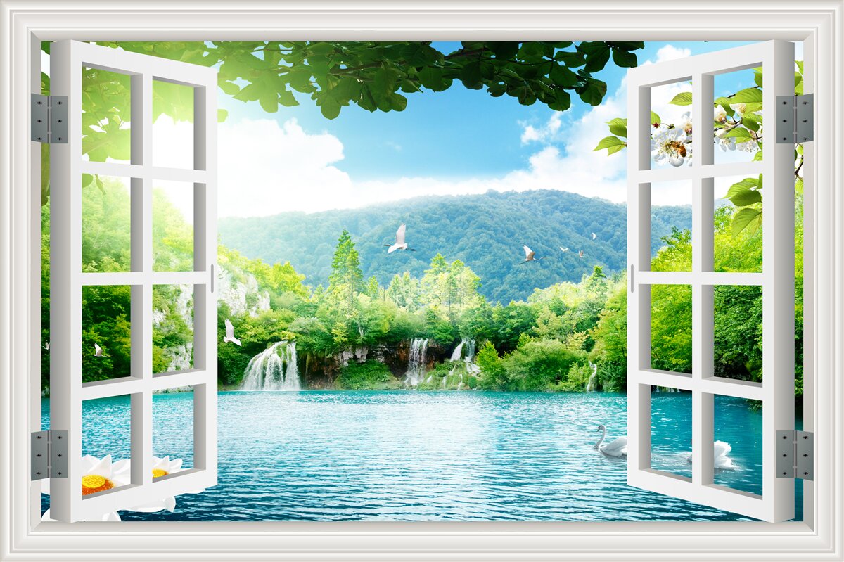 Fototapet vedere de la fereastra pe lac frumos și cascade