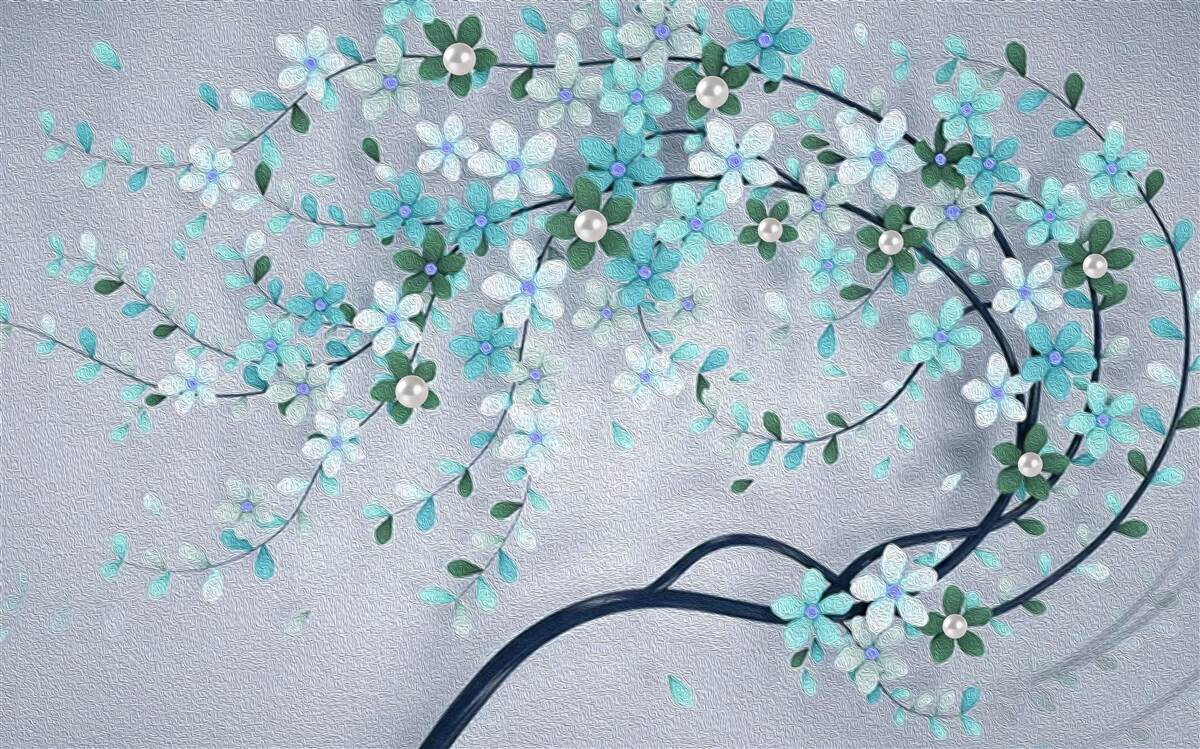 Fototapet un copac îndoit sub greutatea florilor mici