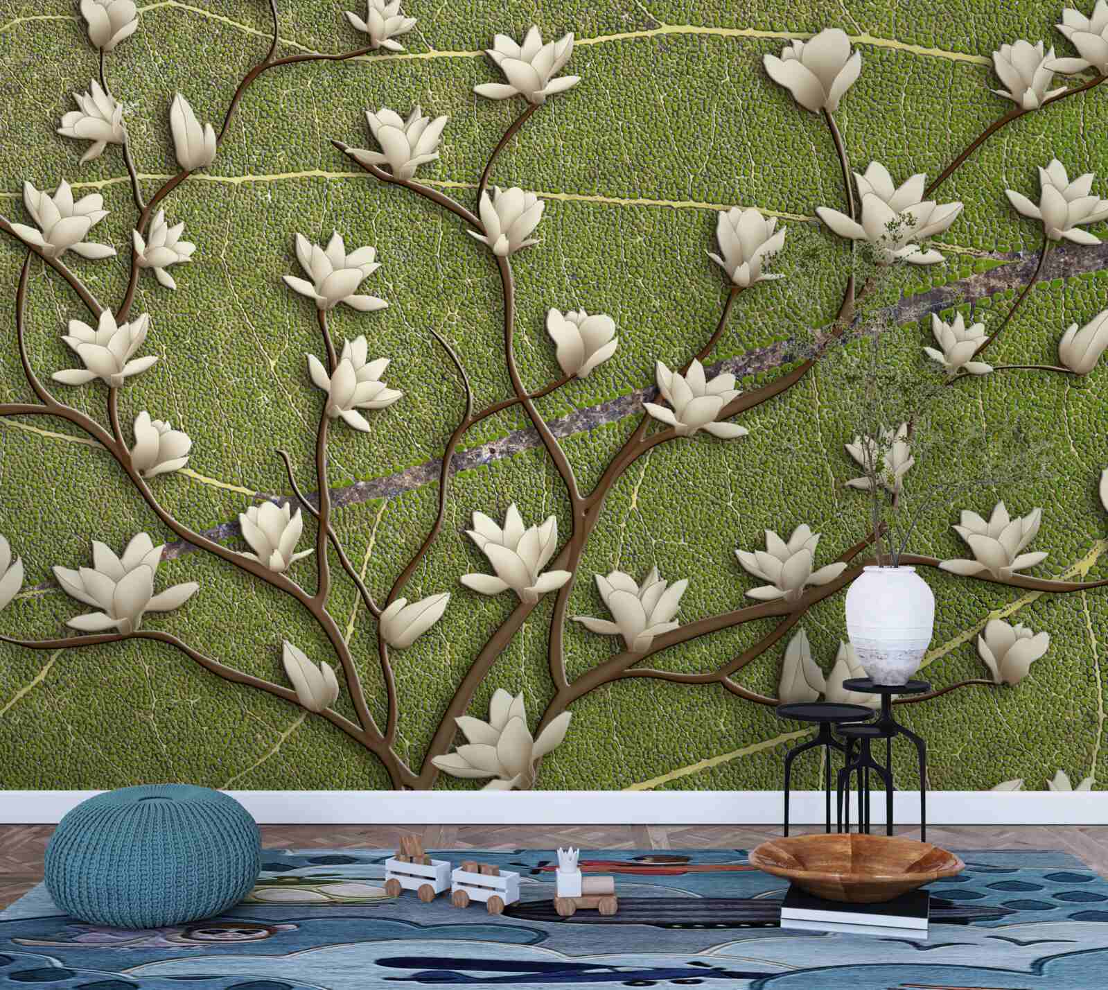 Fototapet Ramuri de magnolie albe ca zăpada pe un fundal verde