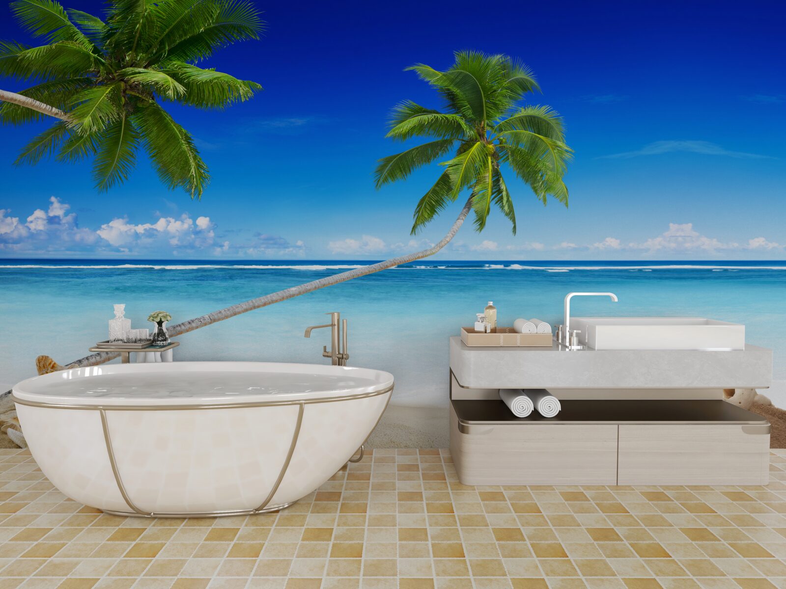 Fototapet plajă tropicală și palmieri unde domnește liniștea