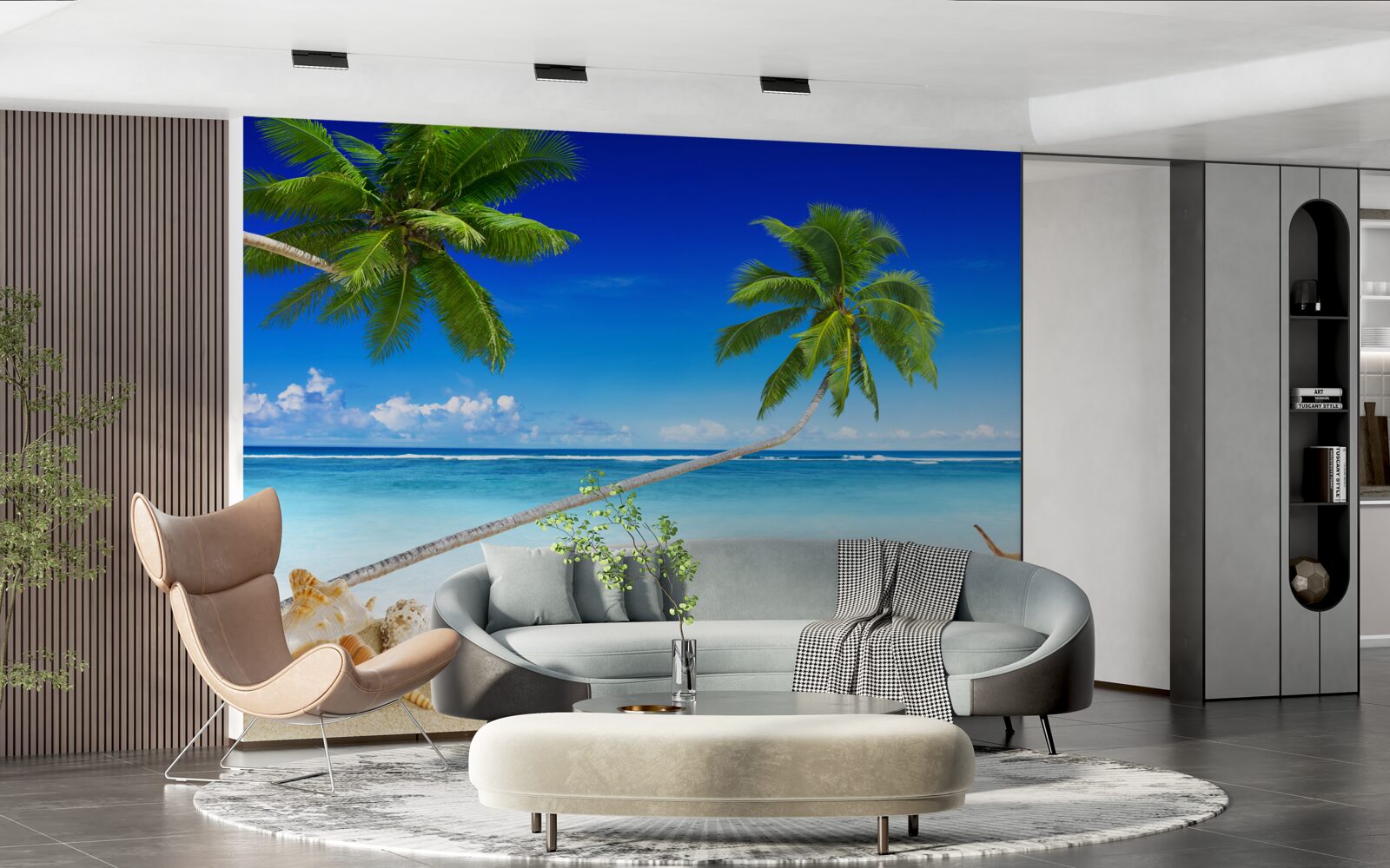Fototapet plajă tropicală și palmieri unde domnește liniștea