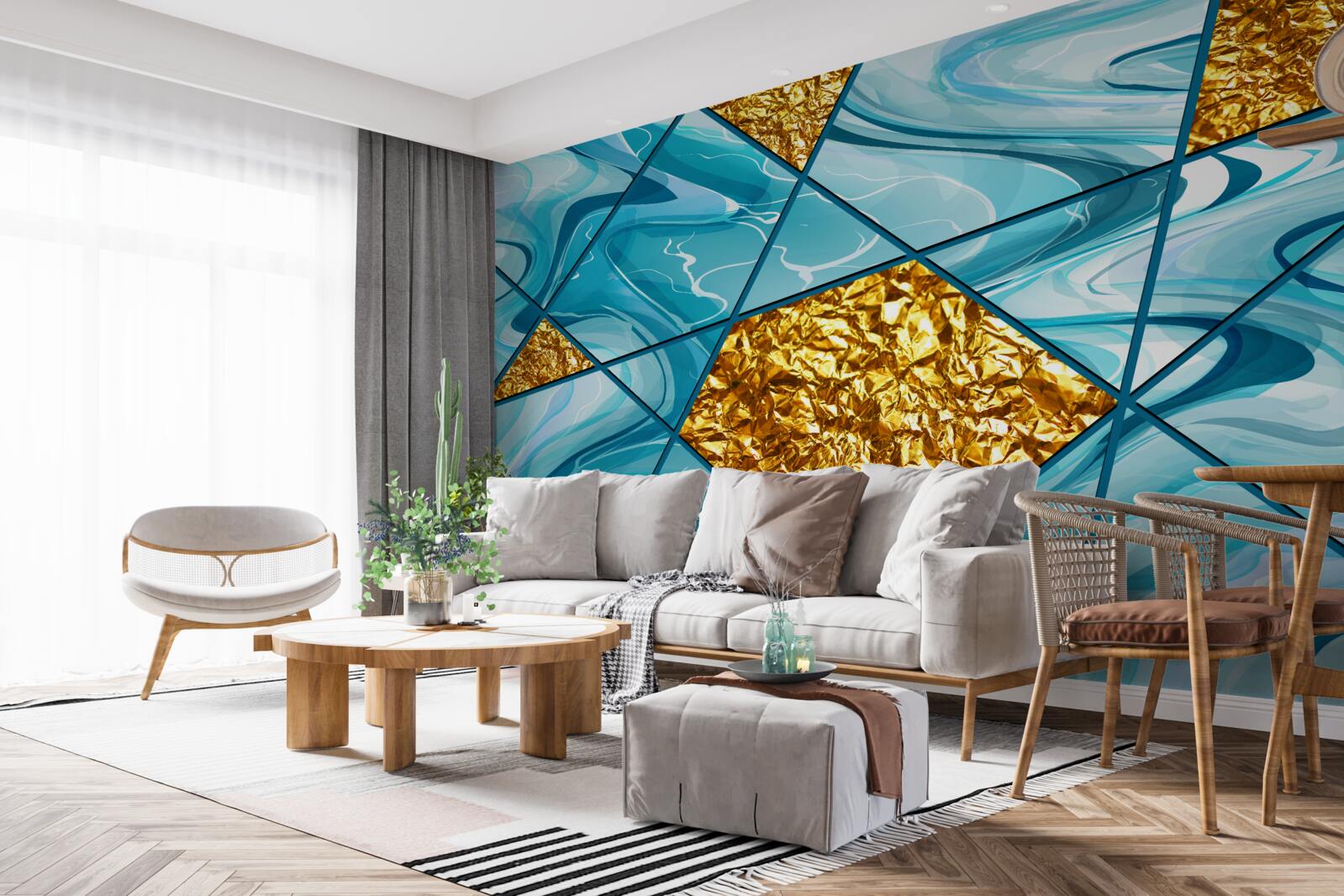 Fototapet cerul este albastru și defocalizat, decorat cu accente aurii