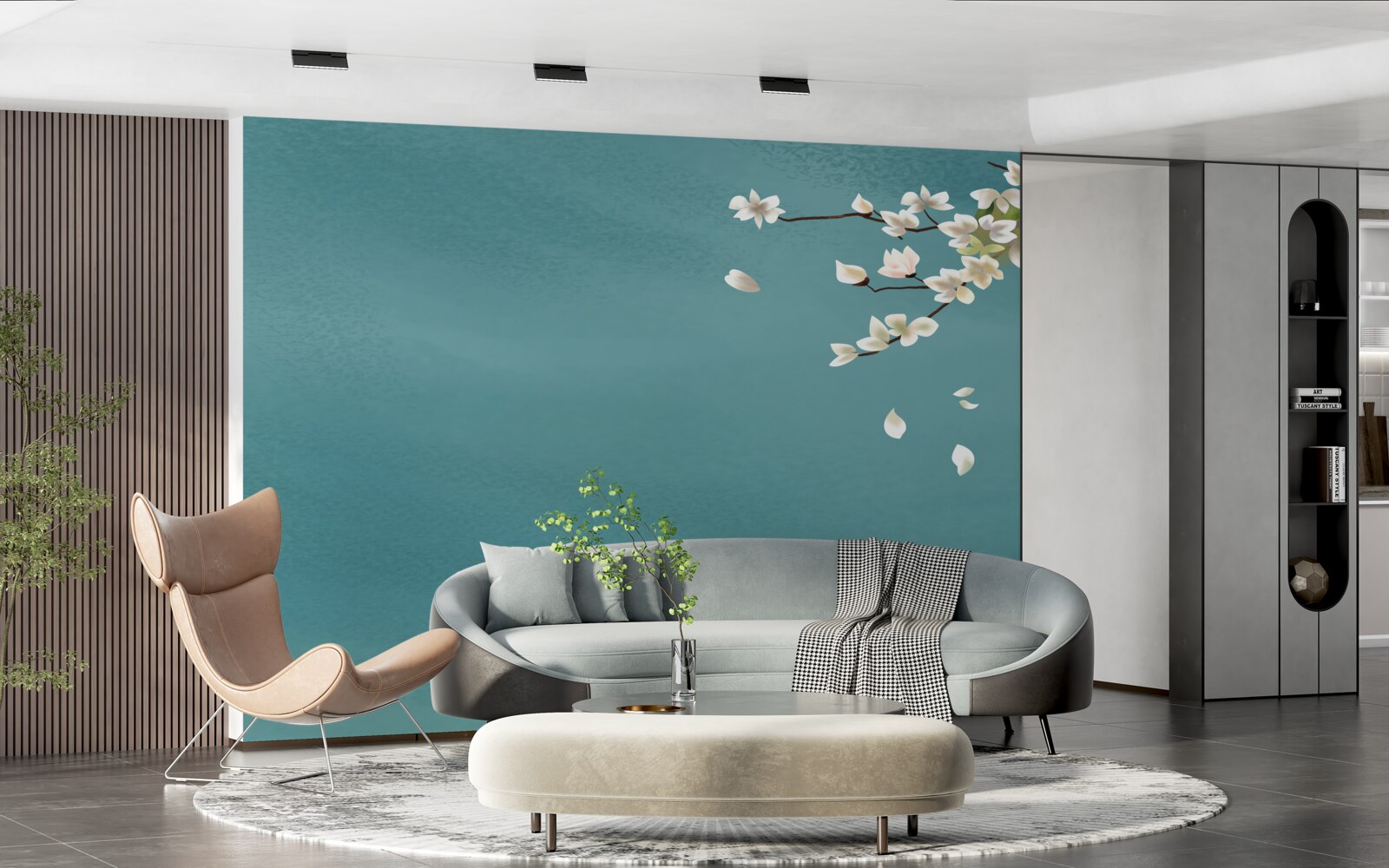 Fototapet fundal turcoaz decorat cu un copac înflorit
