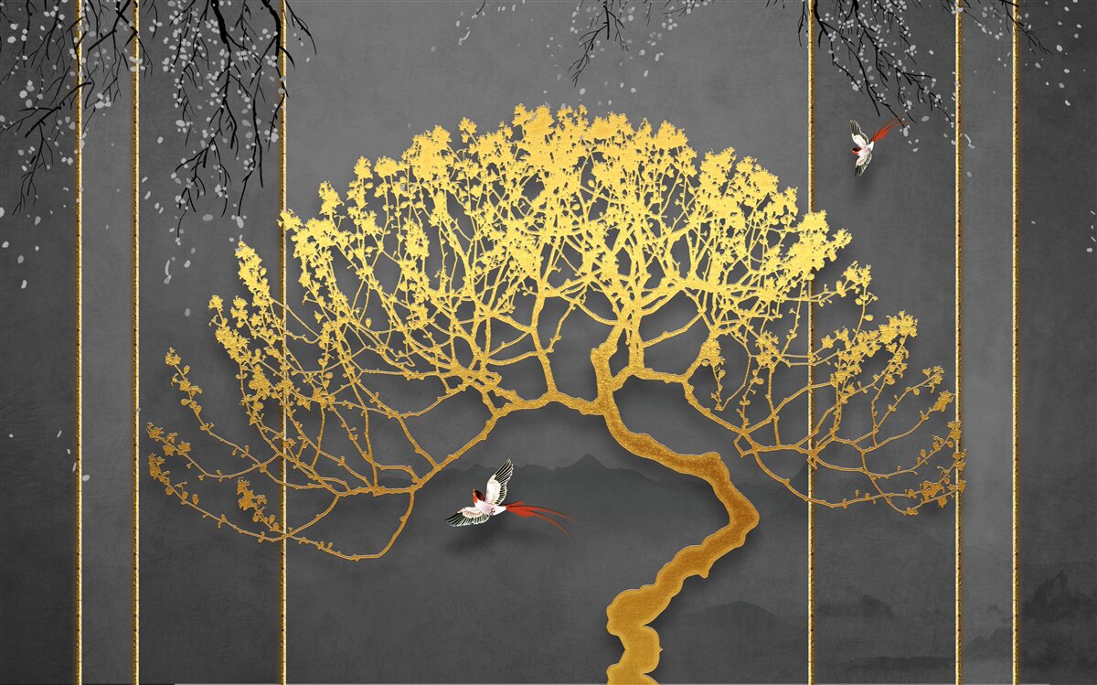 Fototapet silueta unui copac bonsai strălucind în aur