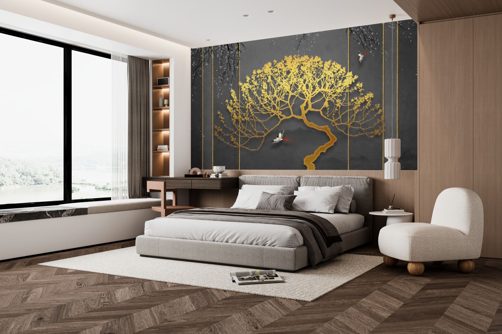 Fototapet silueta unui copac bonsai strălucind în aur