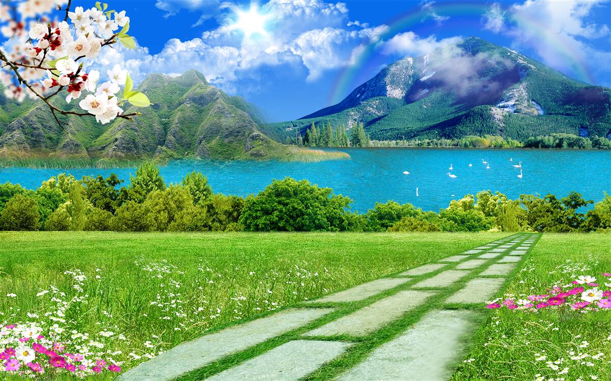 Fototapet vedere fascinantă a unui lac de munte în timpul verii