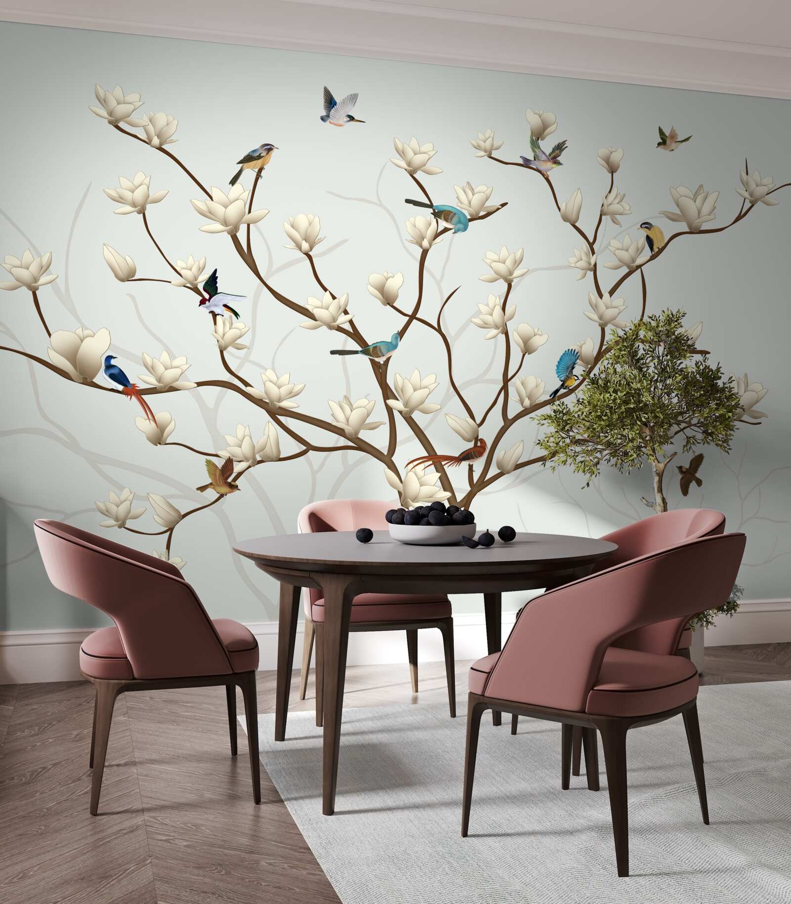Fototapet magnolia este de culoare albă și este locuită de o varietate de păsări