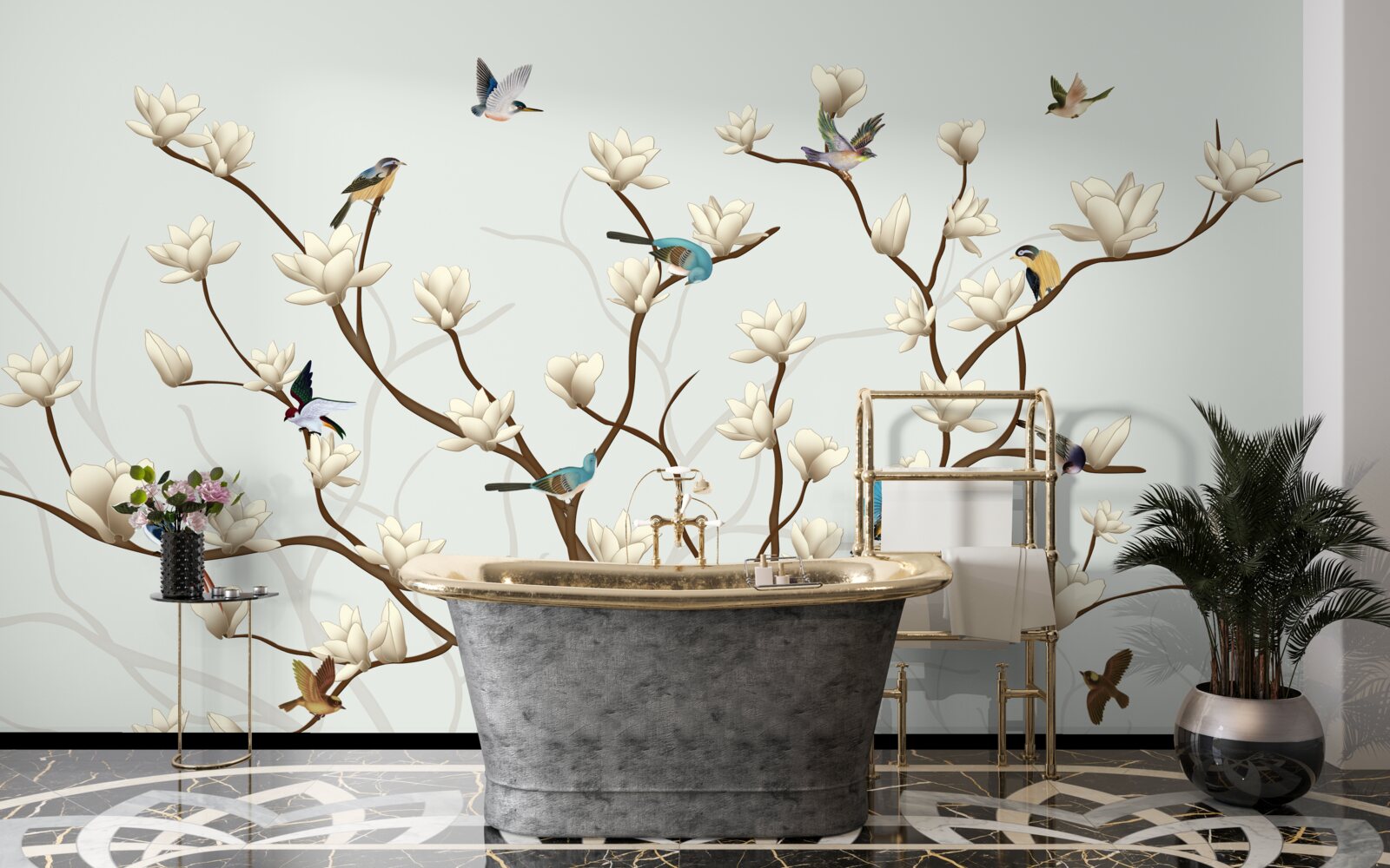 Fototapet magnolia este de culoare albă și este locuită de o varietate de păsări