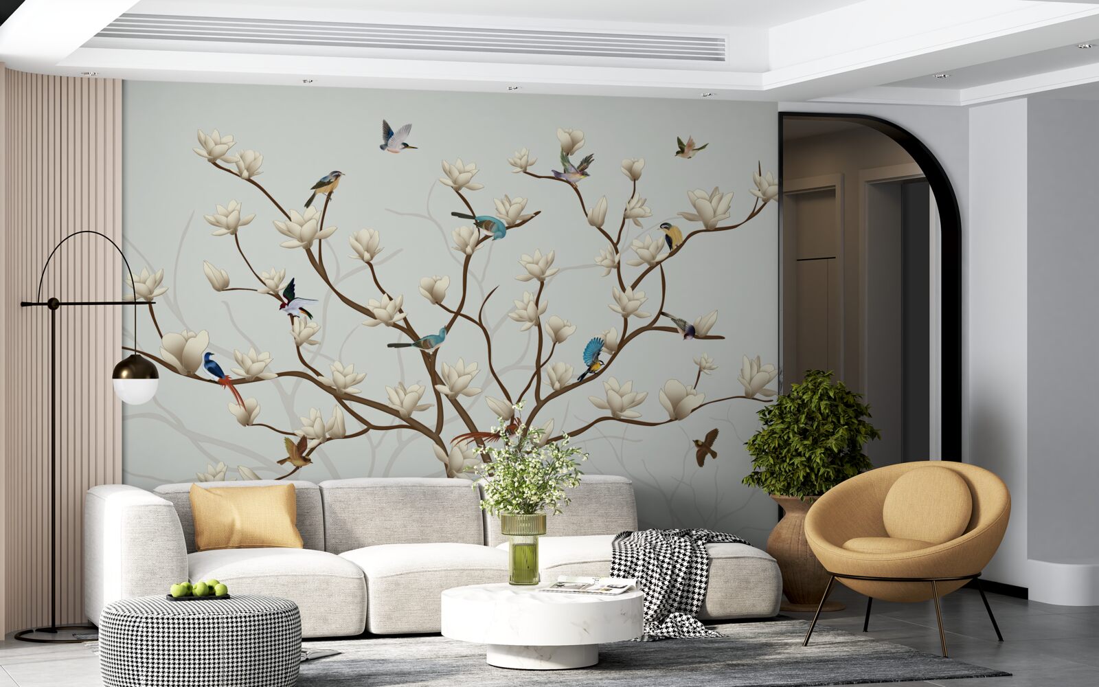 Fototapet magnolia este de culoare albă și este locuită de o varietate de păsări