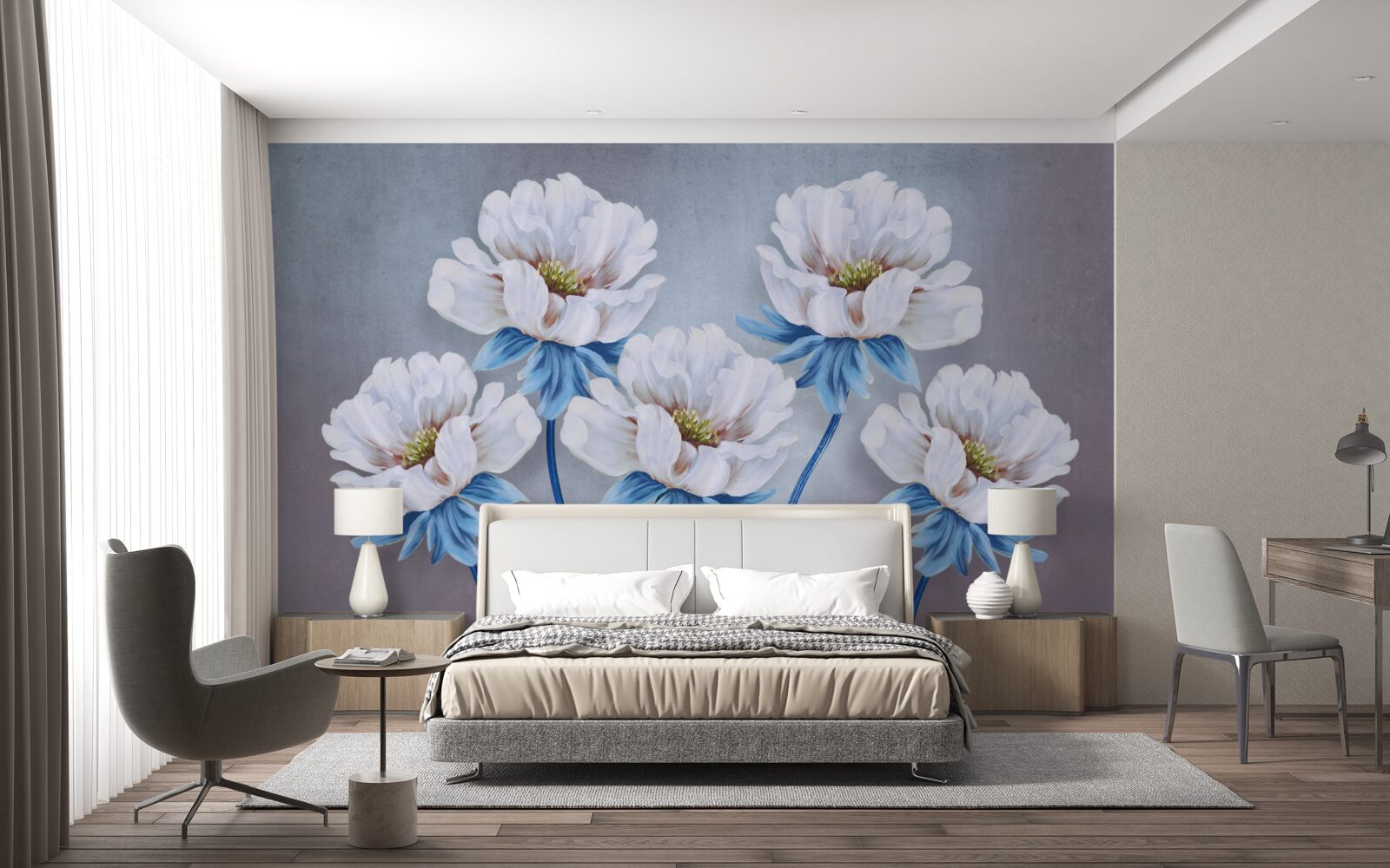 Fototapet florile sunt albe cu o nuanță albastră