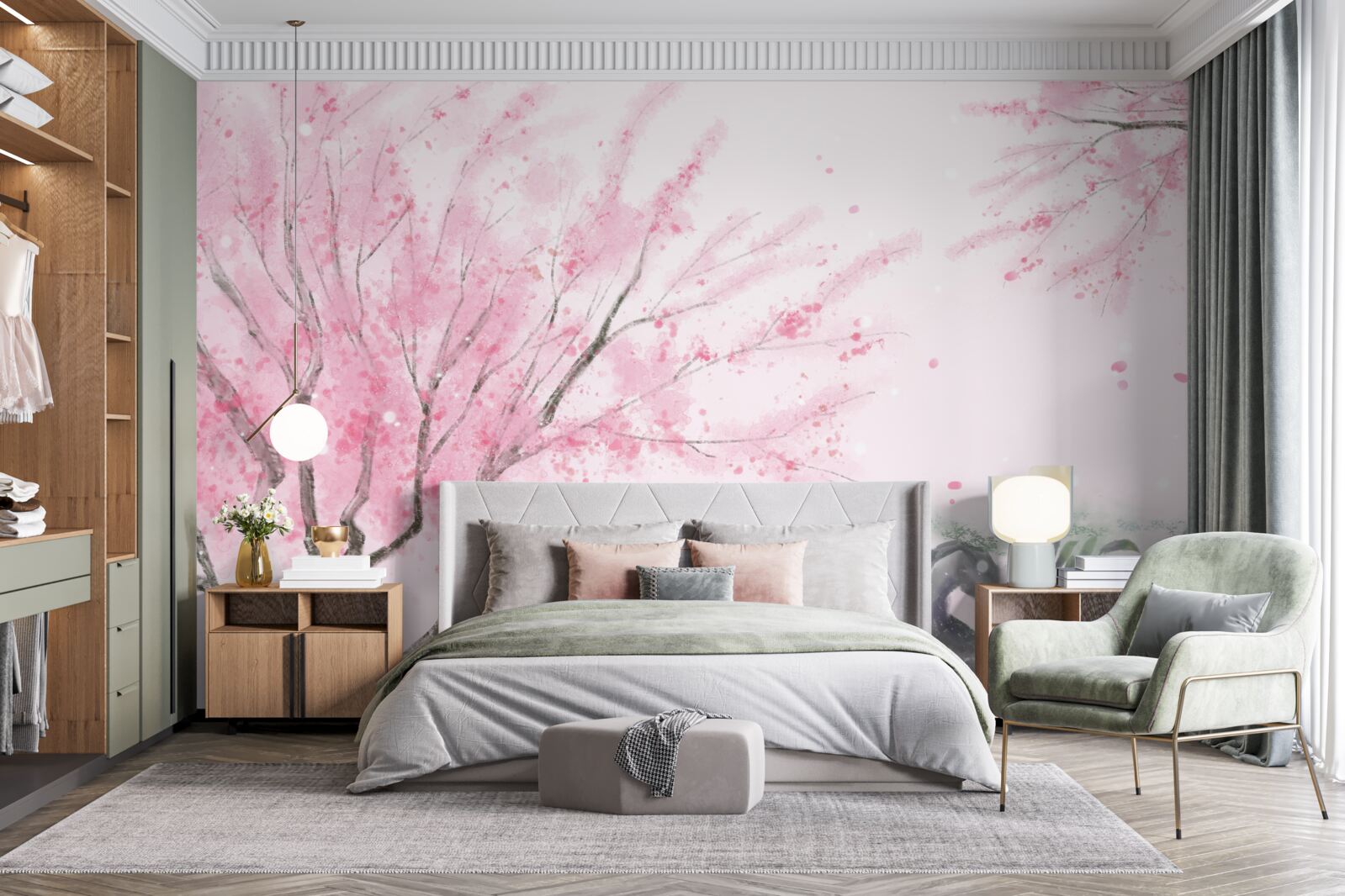 Fototapet sakura de lângă iaz este vopsită în roz