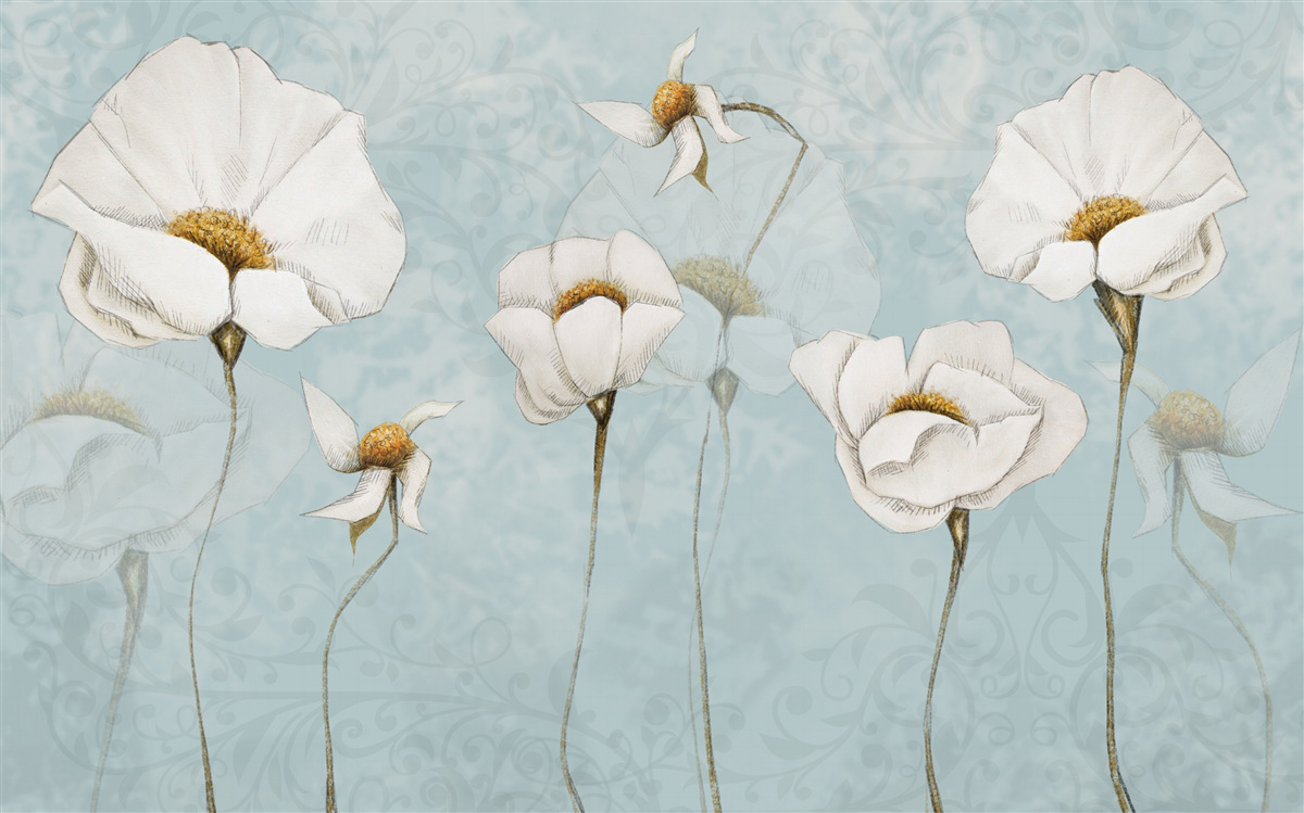 Fototapet floricelele sunt albe ca zăpada, așezate pe trunchiuri înalte, delicate