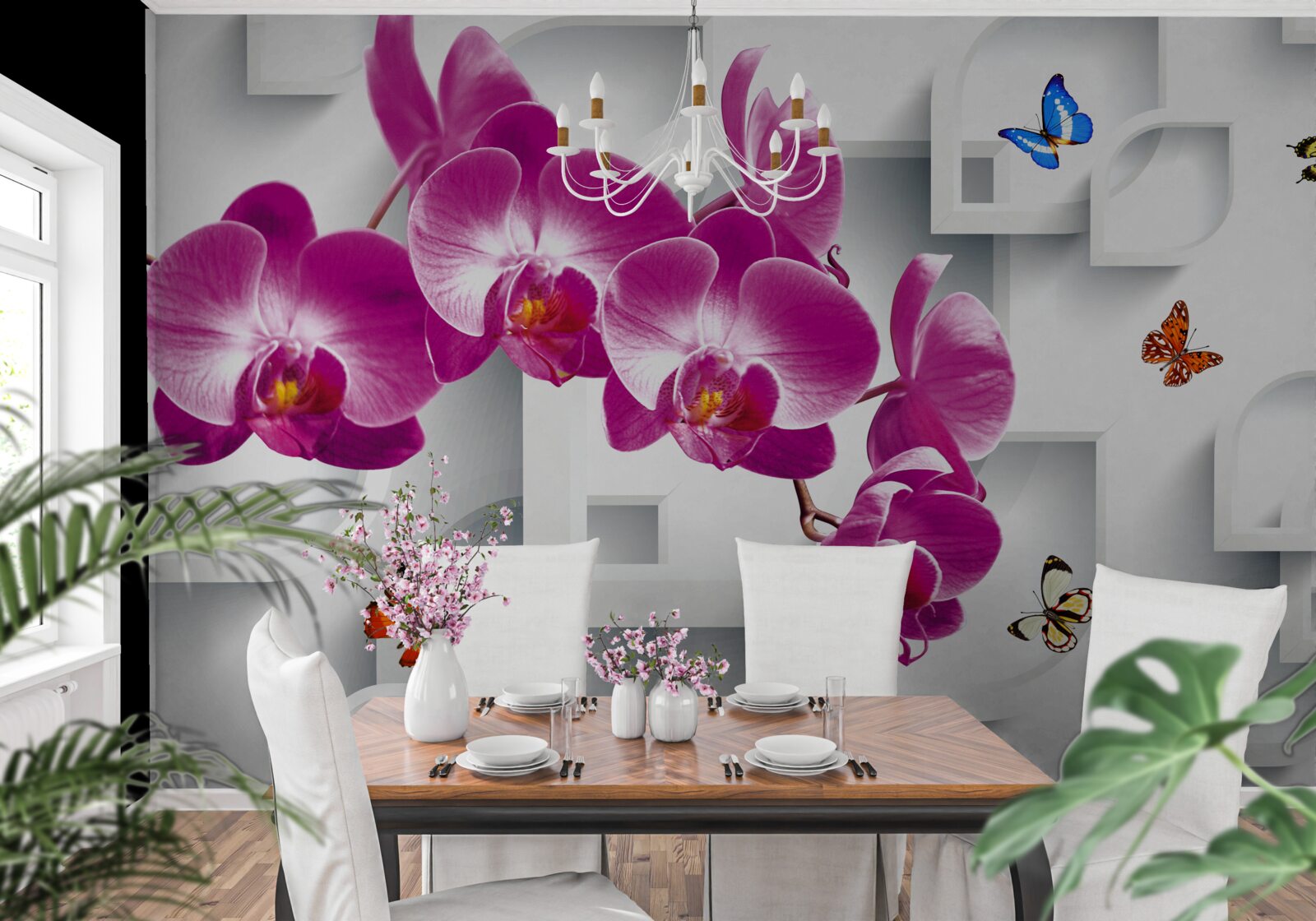 Fototapet orhidee liliac decorată cu fluturi