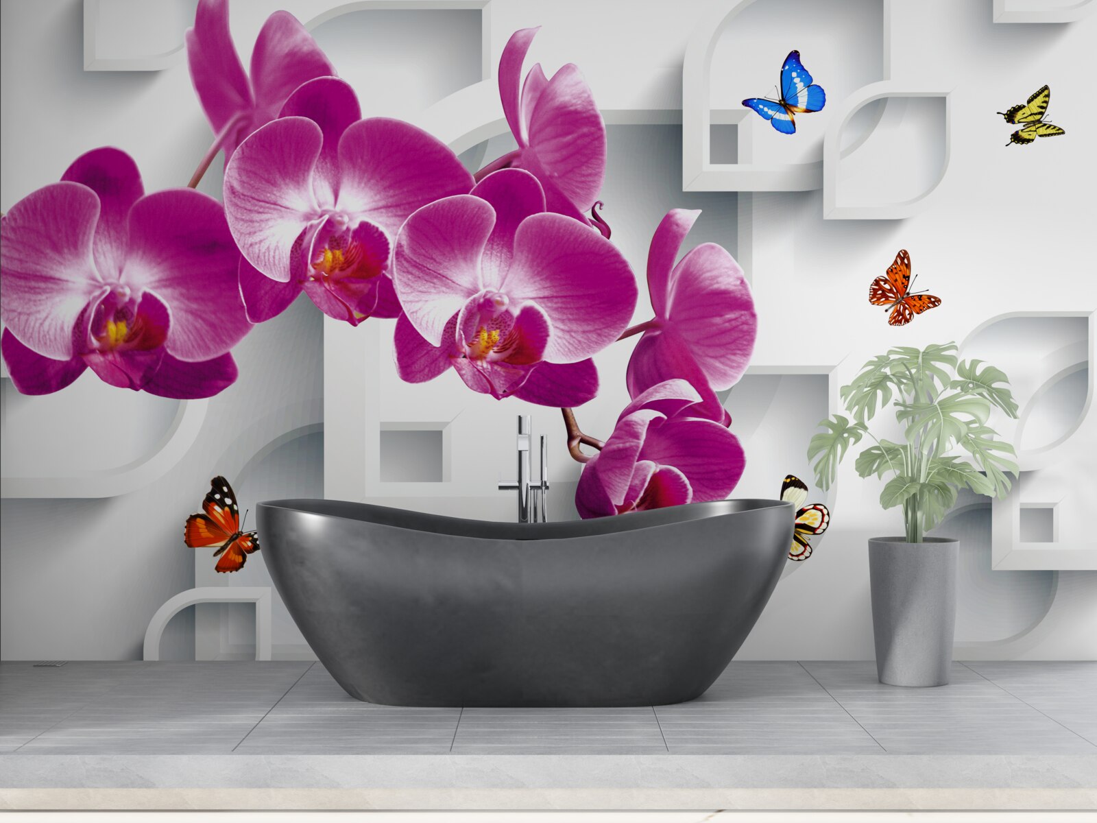 Fototapet orhidee liliac decorată cu fluturi