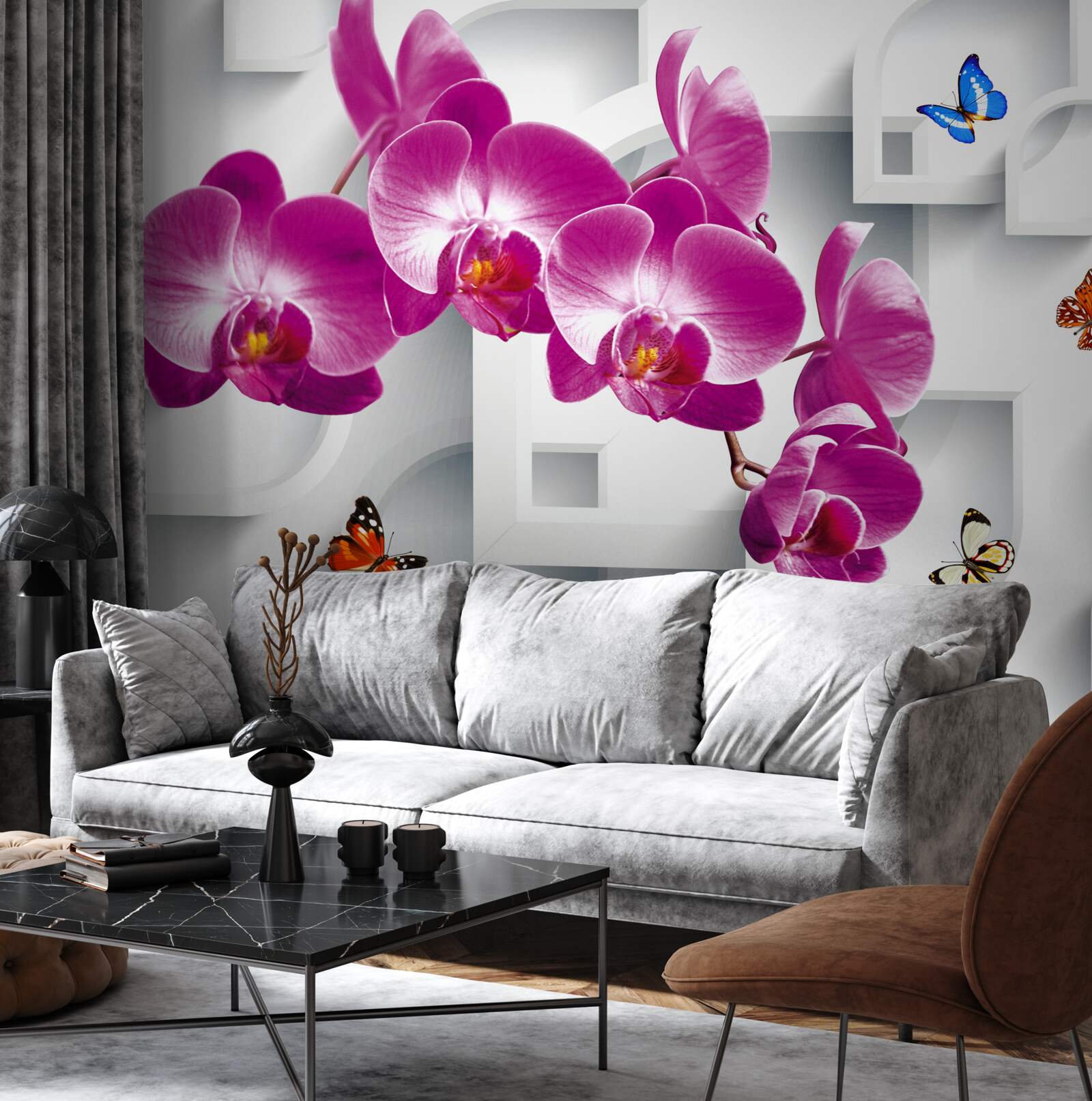 Fototapet orhidee liliac decorată cu fluturi