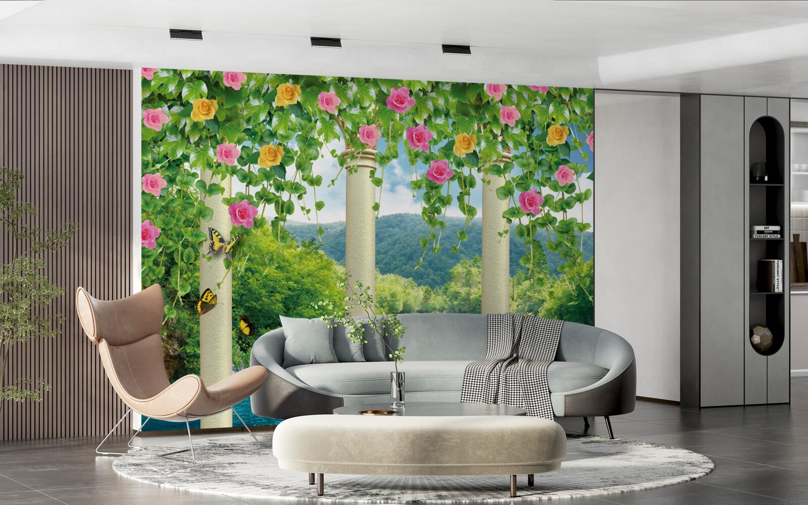 Fototapet vedere frumoasă a cascadei prin culorile florilor