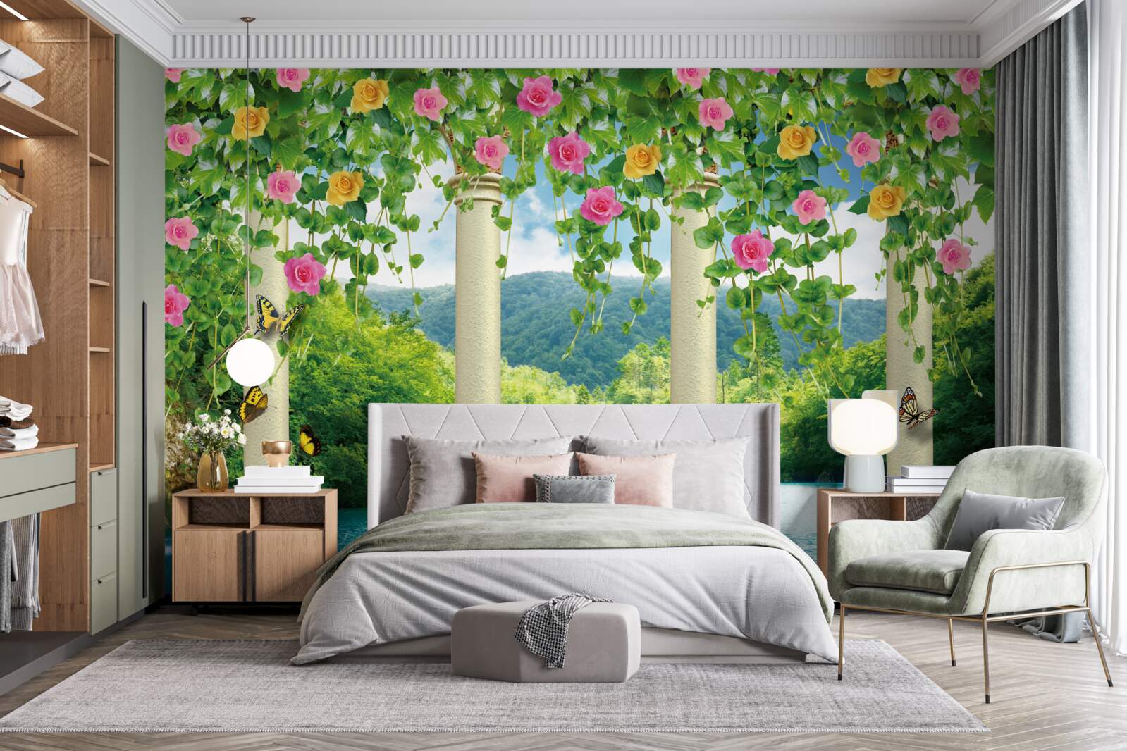Fototapet vedere frumoasă a cascadei prin culorile florilor