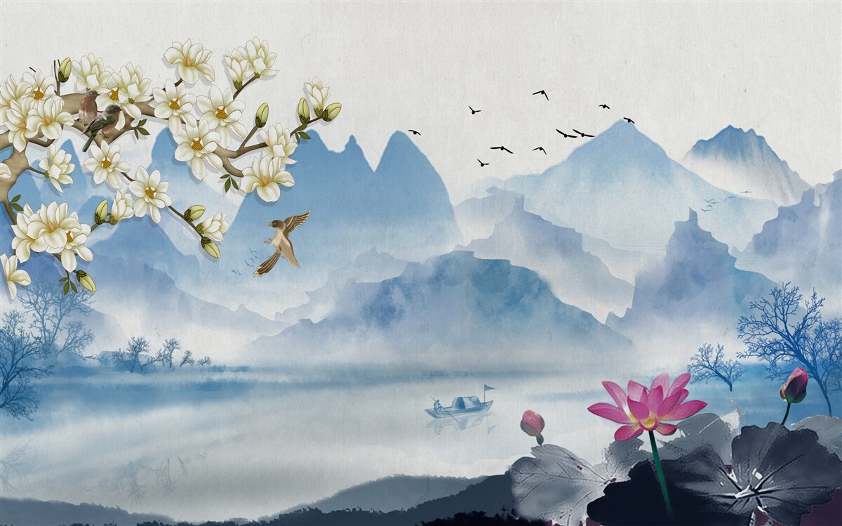 Fototapet acuarele înfățișând lacuri de munte în China