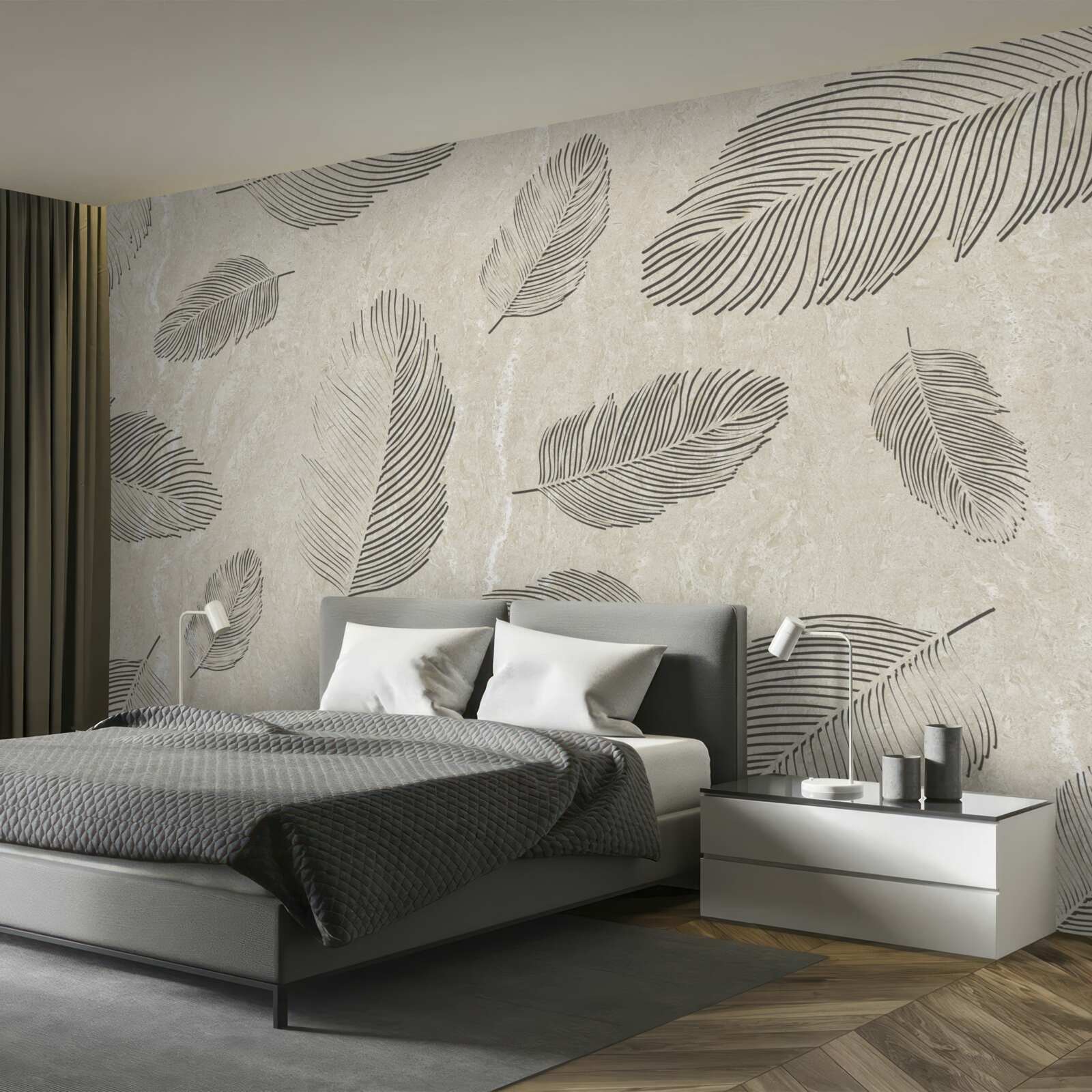 Fototapet fundal deschis decorat cu pene gri