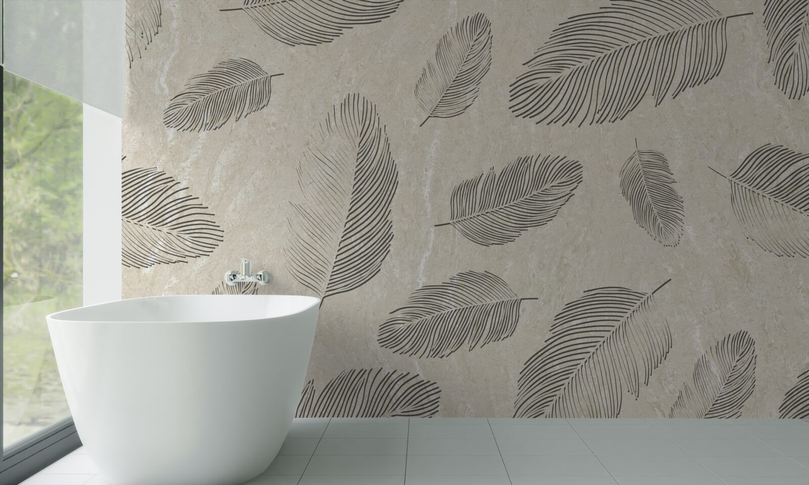 Fototapet fundal deschis decorat cu pene gri