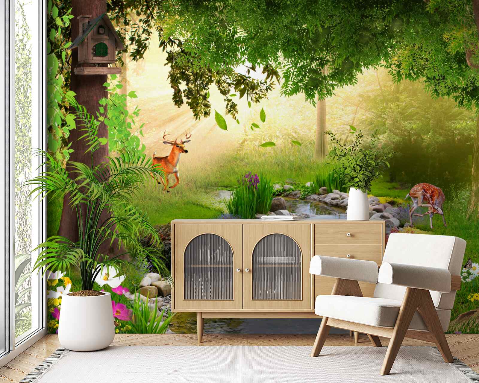Fototapet stand de căprioare lângă râul forestier
