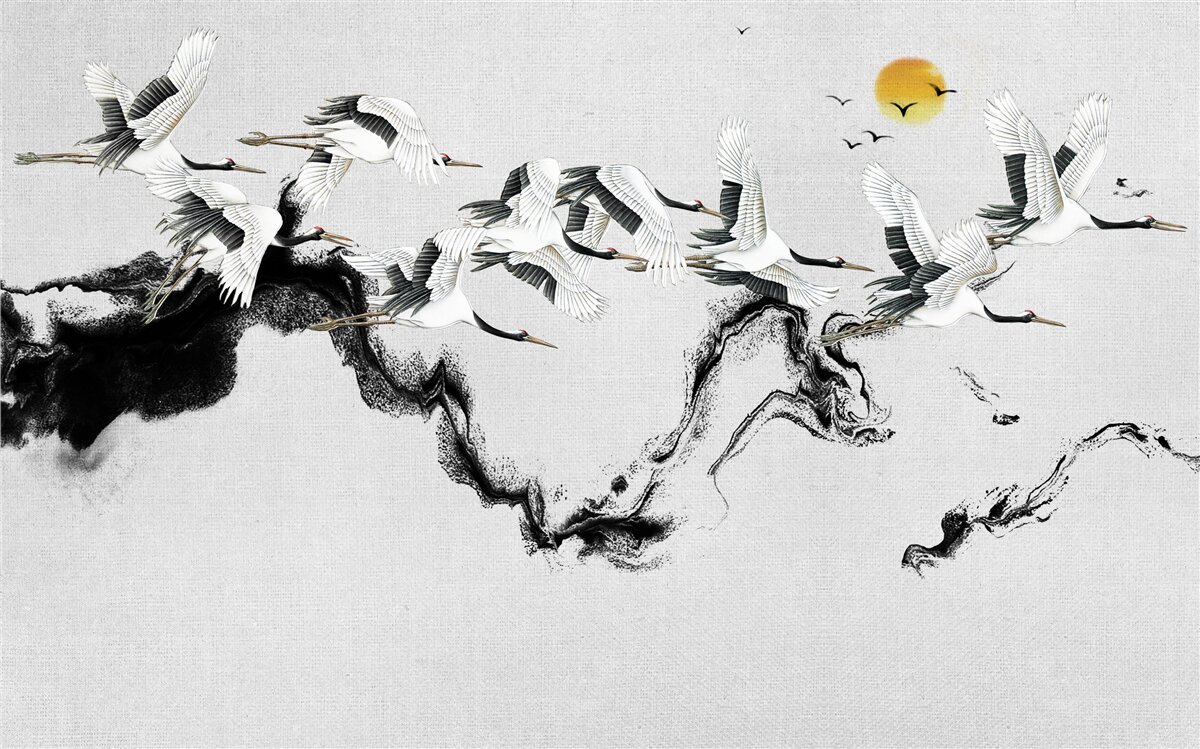 Fototapet grup de cocori japonezi planând spre apus