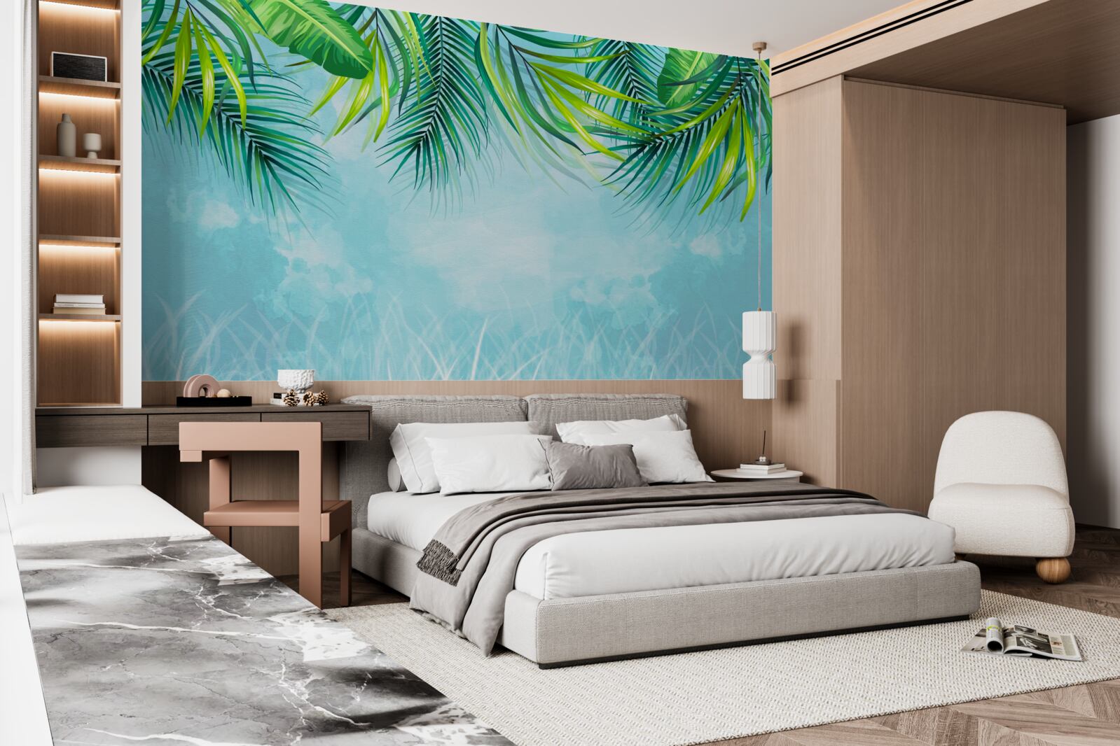 Fototapet frunze tropicale pe un cer albastru