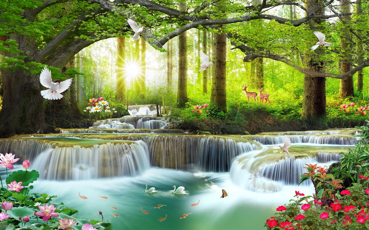 Fototapet cascade pe pragurile pădurii în zori