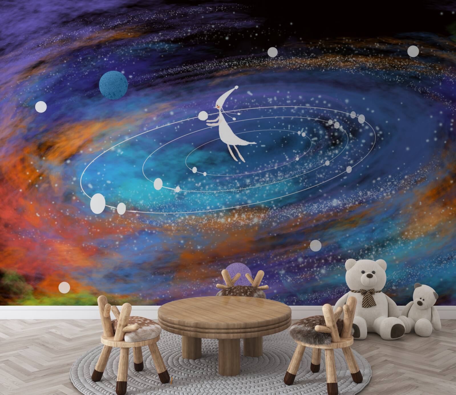 Fototapet fată înconjurată de planete
