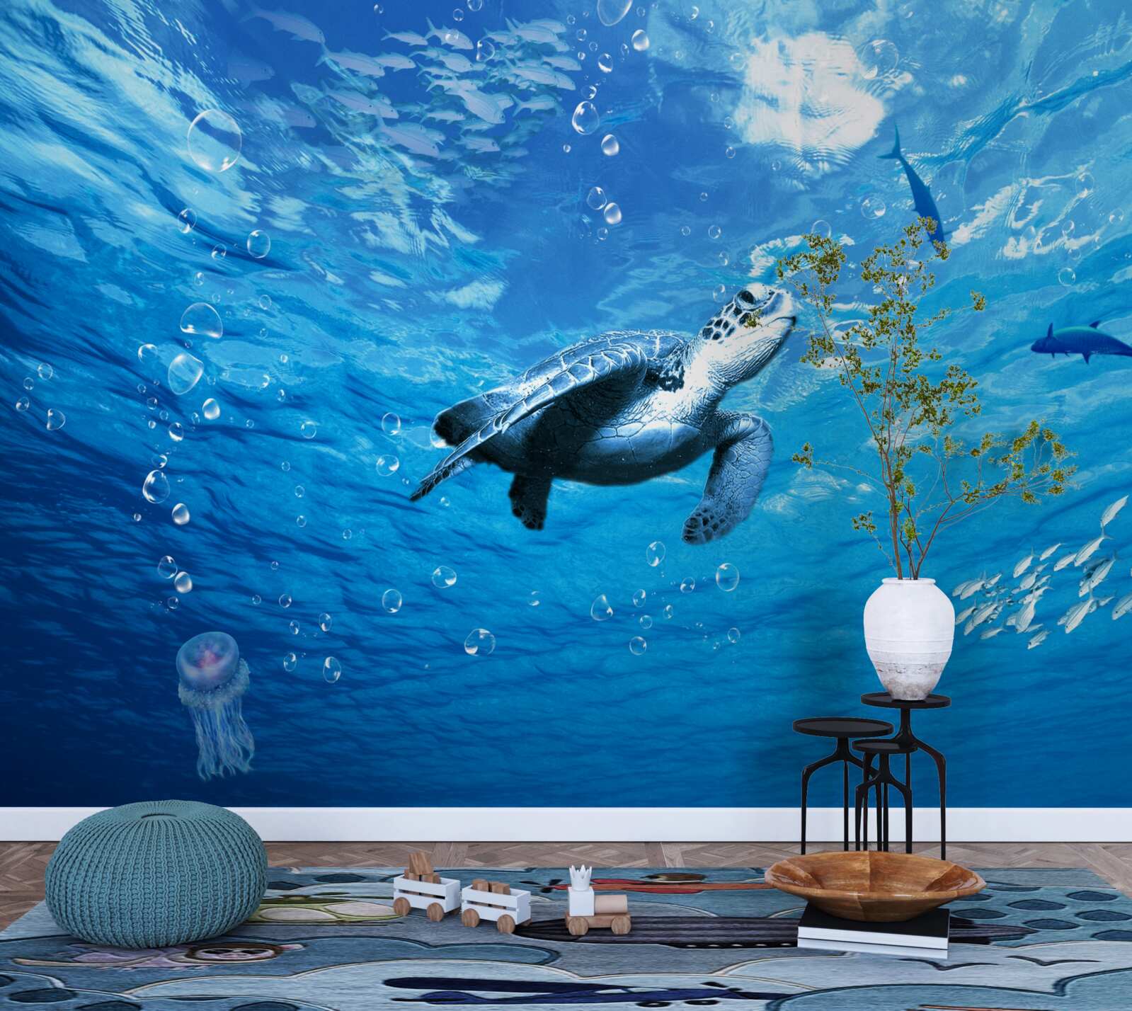 Fototapet marea albastră este decorată cu o țestoasă de mare