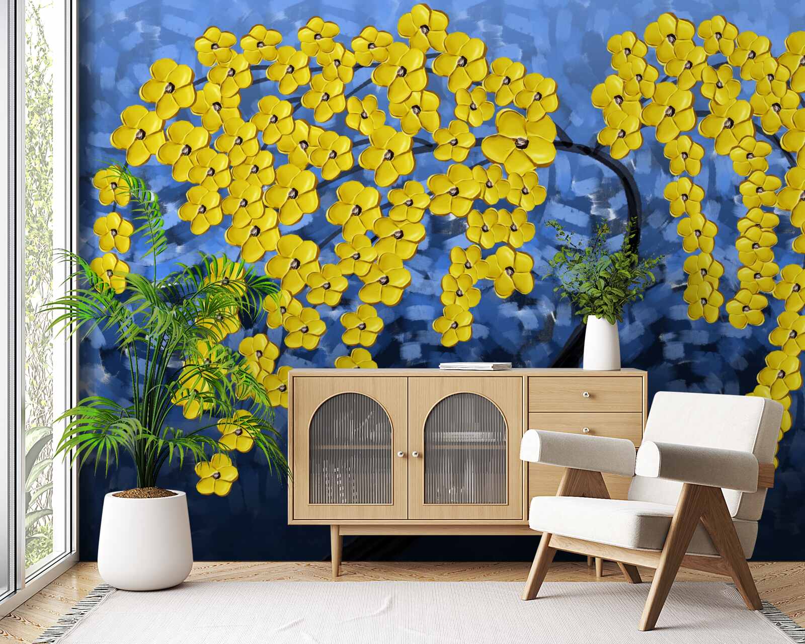 Fototapet ramuri decorate cu flori galben pal