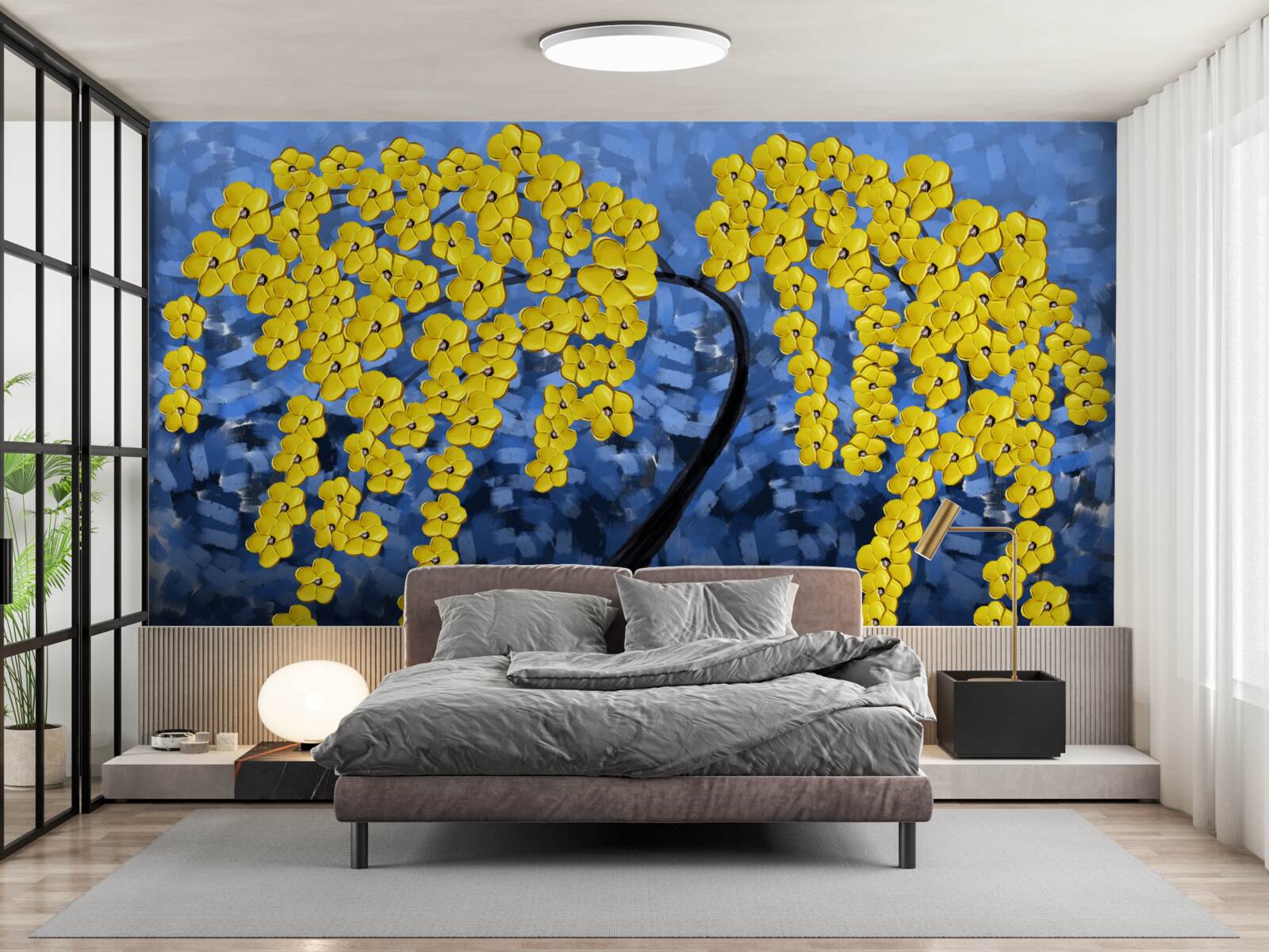 Fototapet ramuri decorate cu flori galben pal
