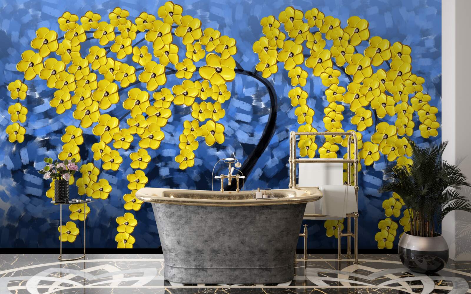 Fototapet ramuri decorate cu flori galben pal