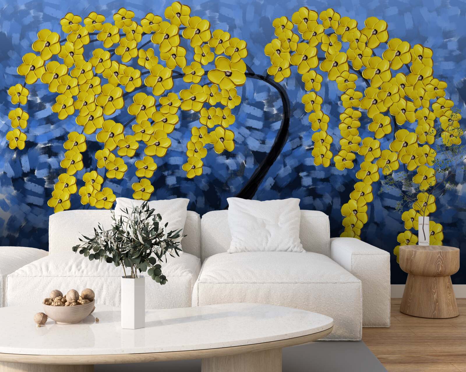 Fototapet ramuri decorate cu flori galben pal