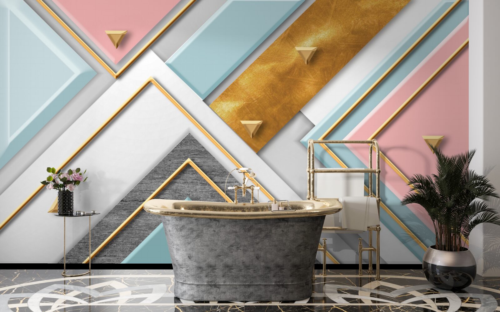 Fototapet mozaic roz delicat decorat cu aur