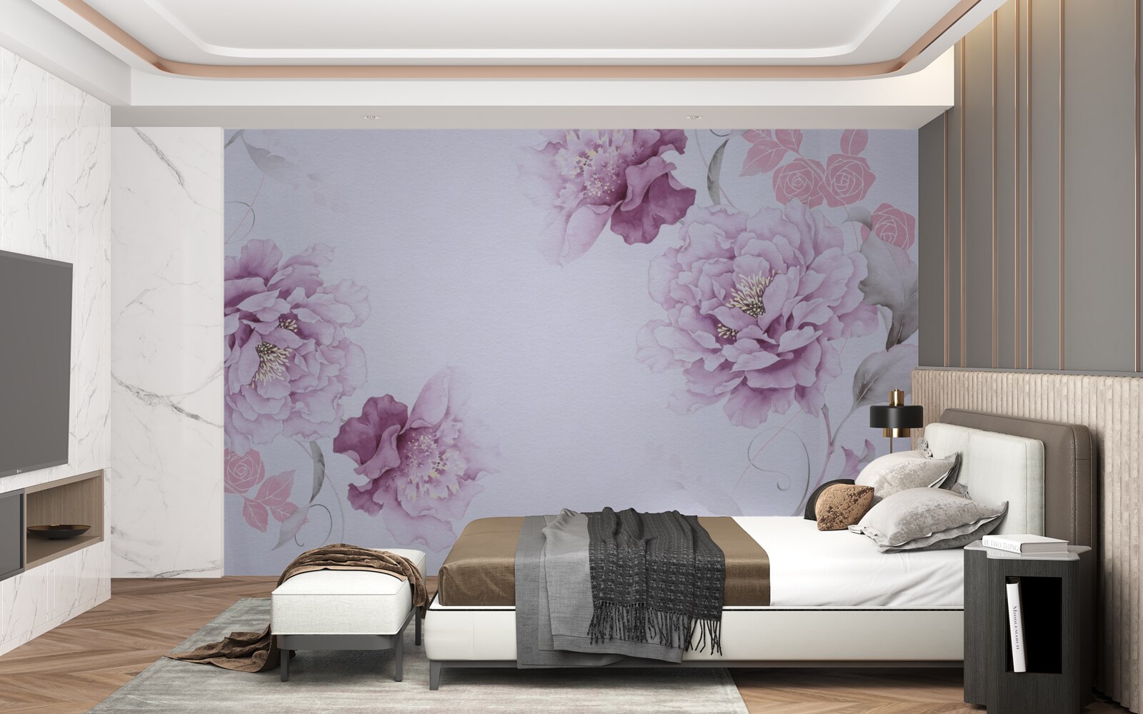 Fototapet flori mari de liliac pe un fundal gri