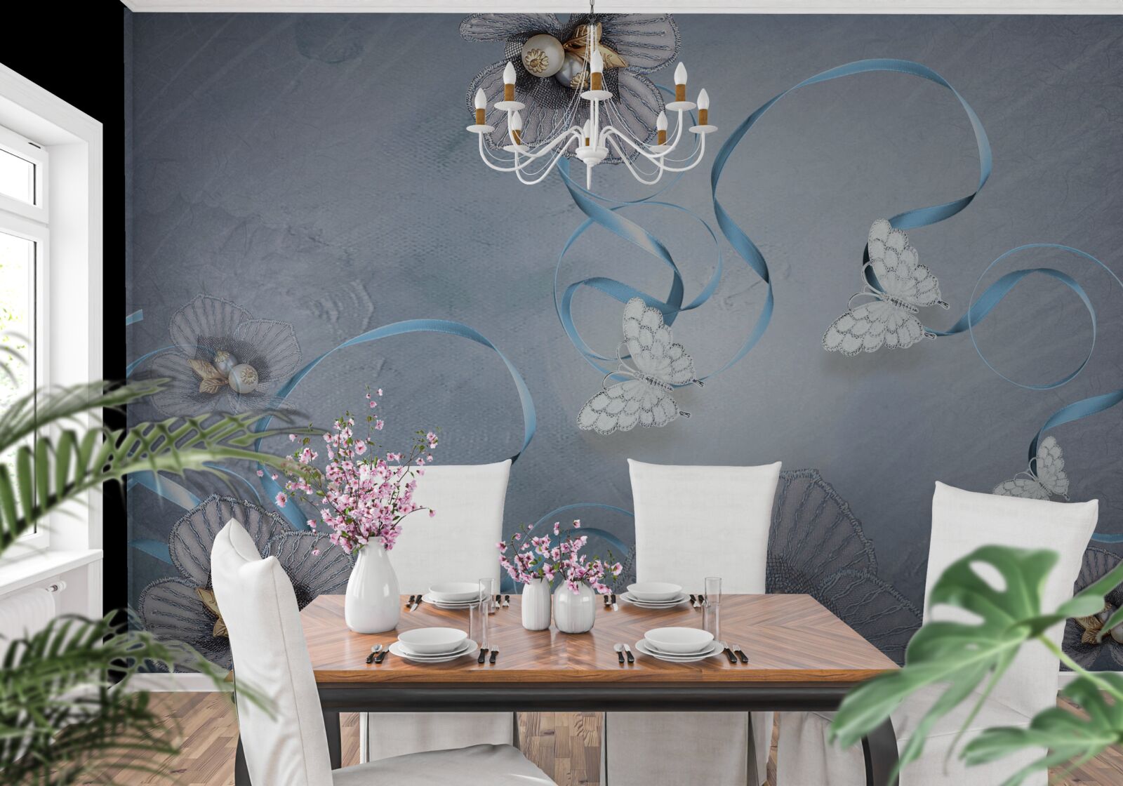 Fototapet Fluturi albi ca zăpada și flori decorate cu perle