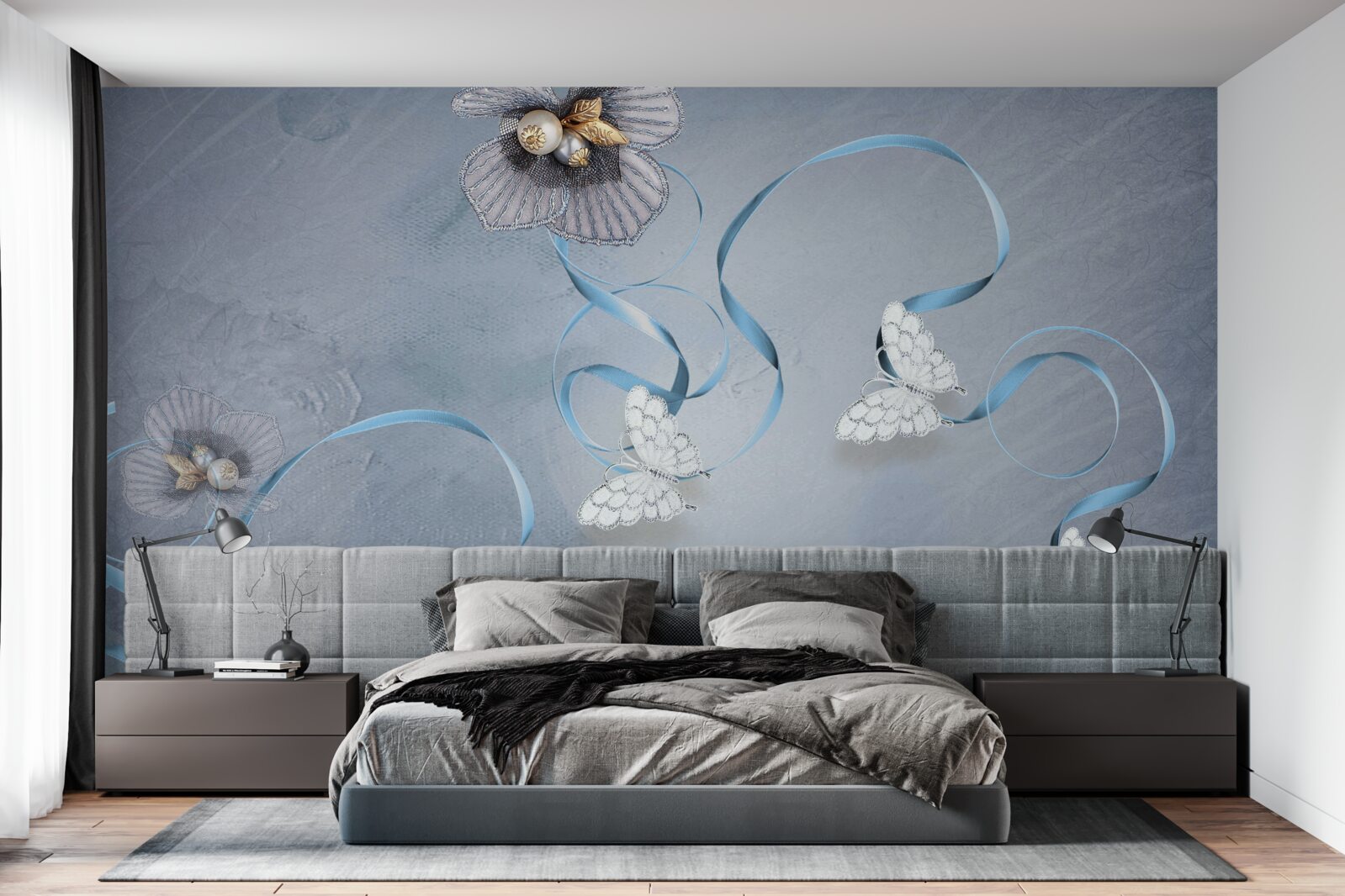 Fototapet Fluturi albi ca zăpada și flori decorate cu perle