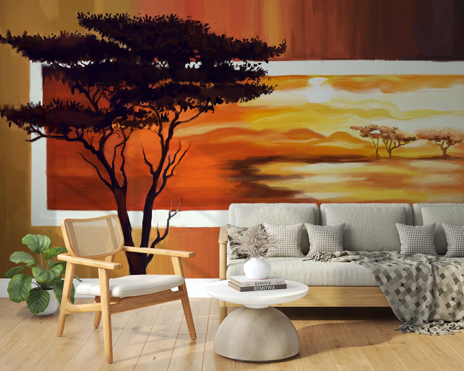 Fototapet apus de soare lac cu bonsai