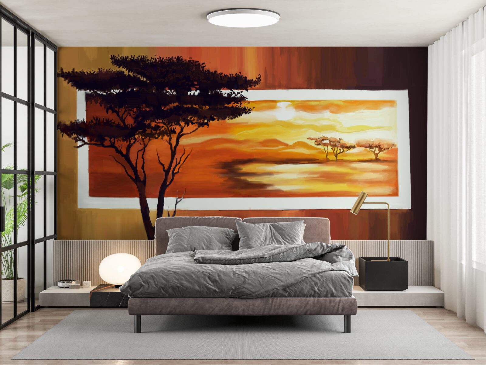 Fototapet apus de soare lac cu bonsai