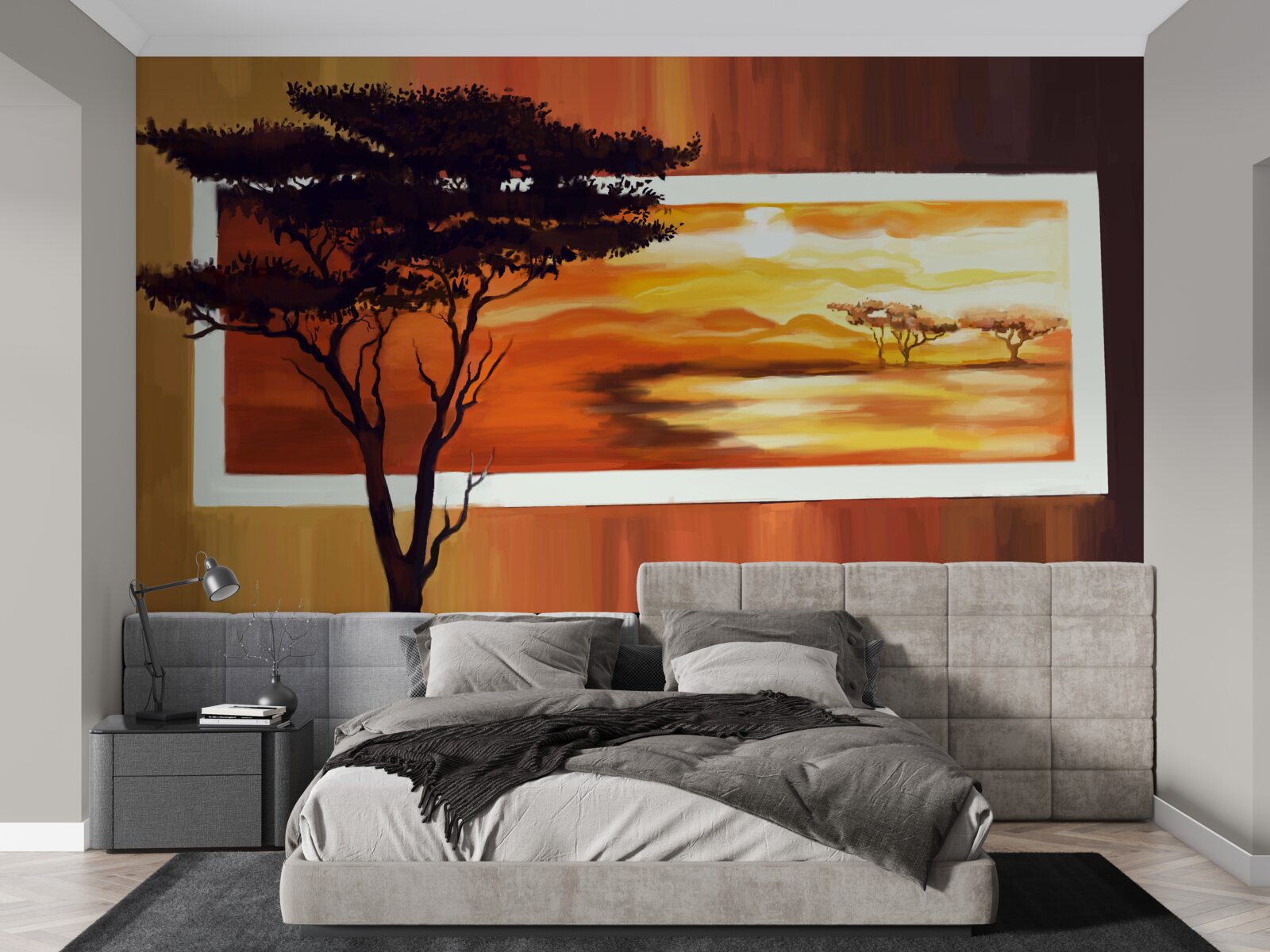 Fototapet apus de soare lac cu bonsai