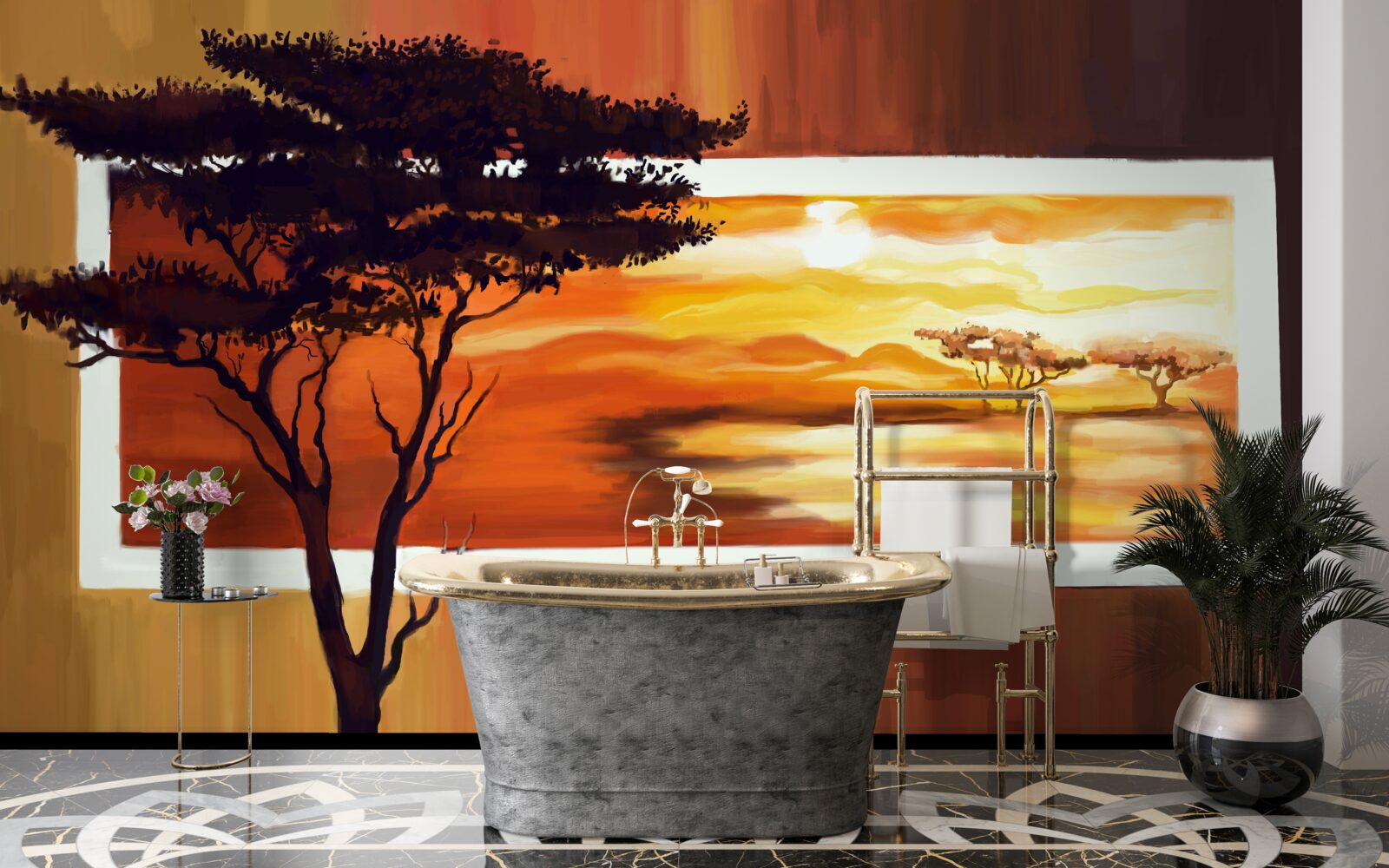 Fototapet apus de soare lac cu bonsai