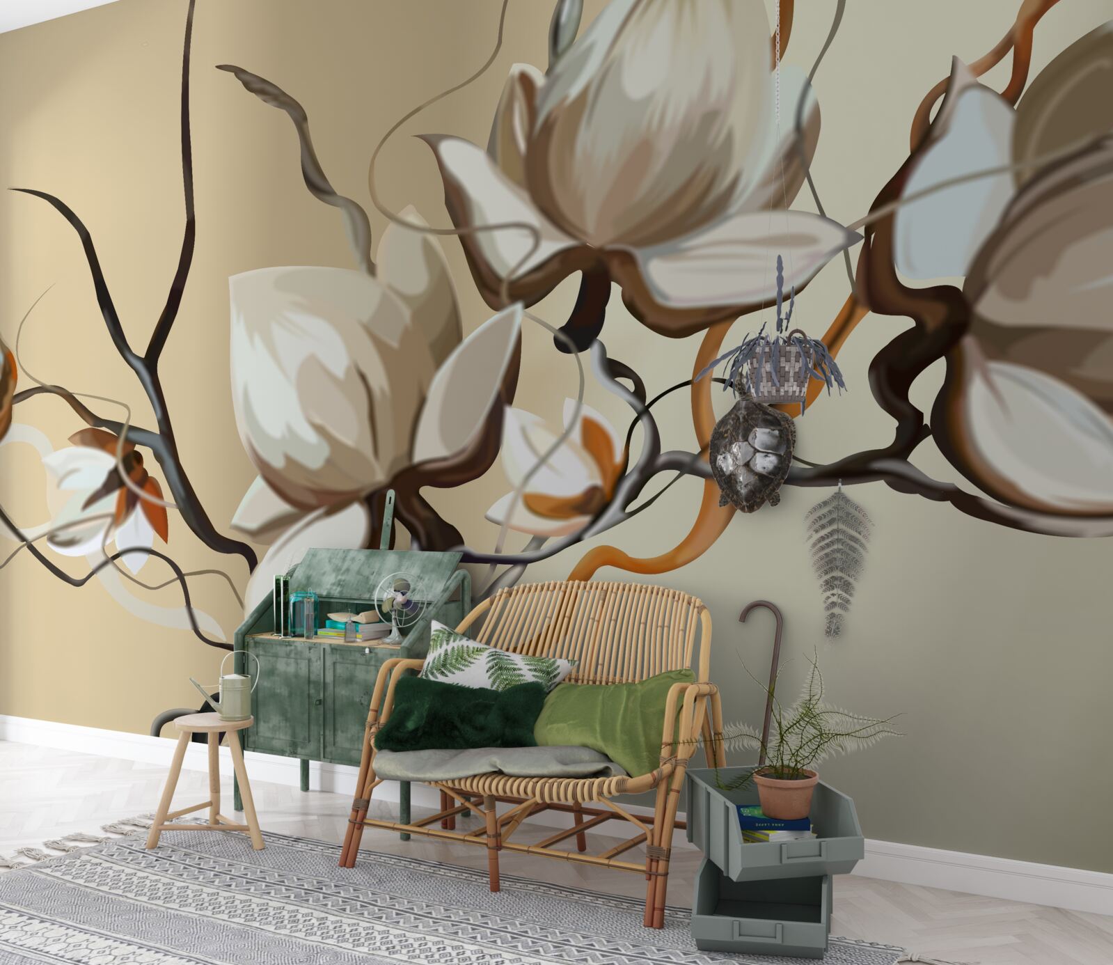Fototapet ramuri de magnolie care înfloresc alb