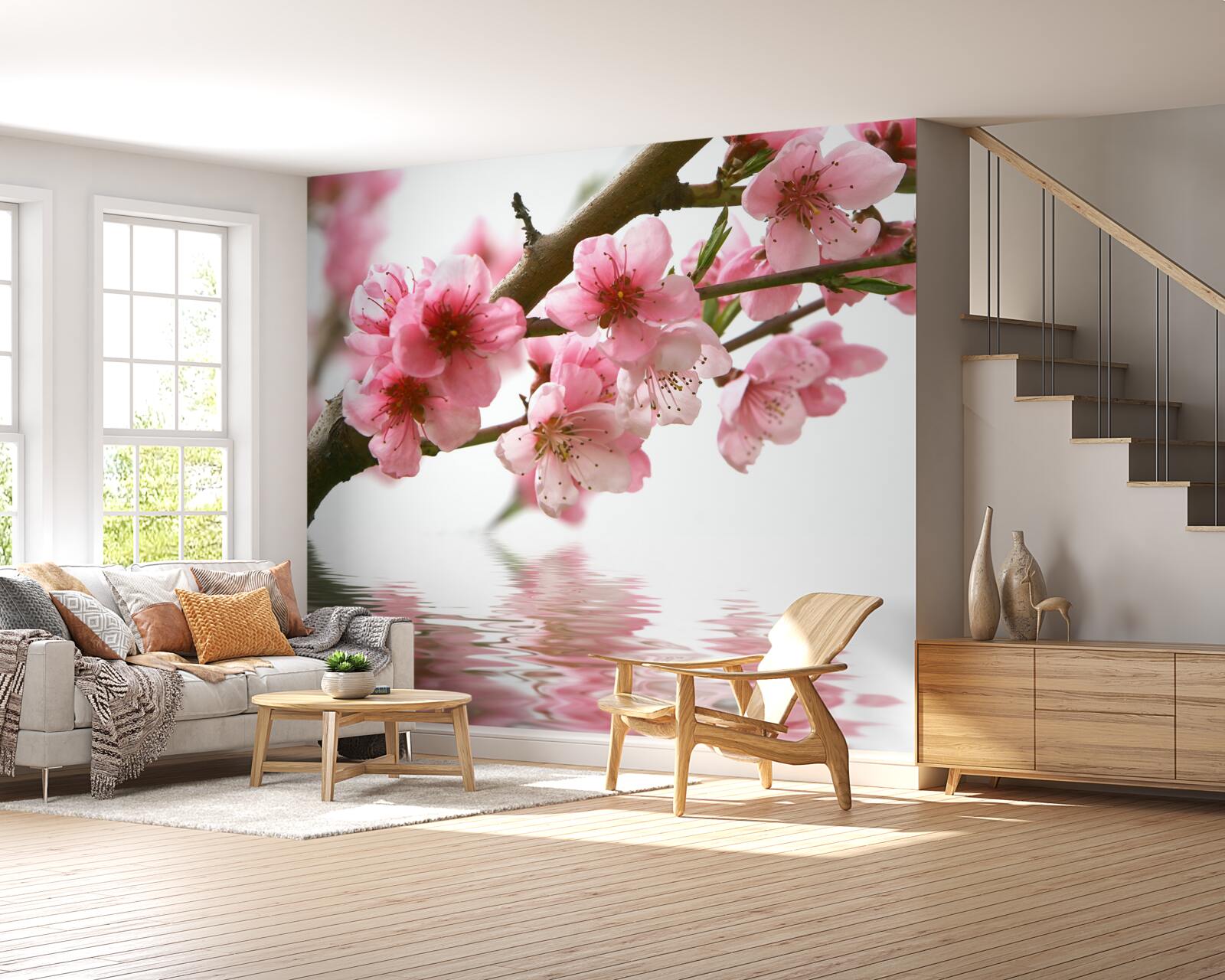 Fototapet ramură de sakura roz atârnând deasupra apei