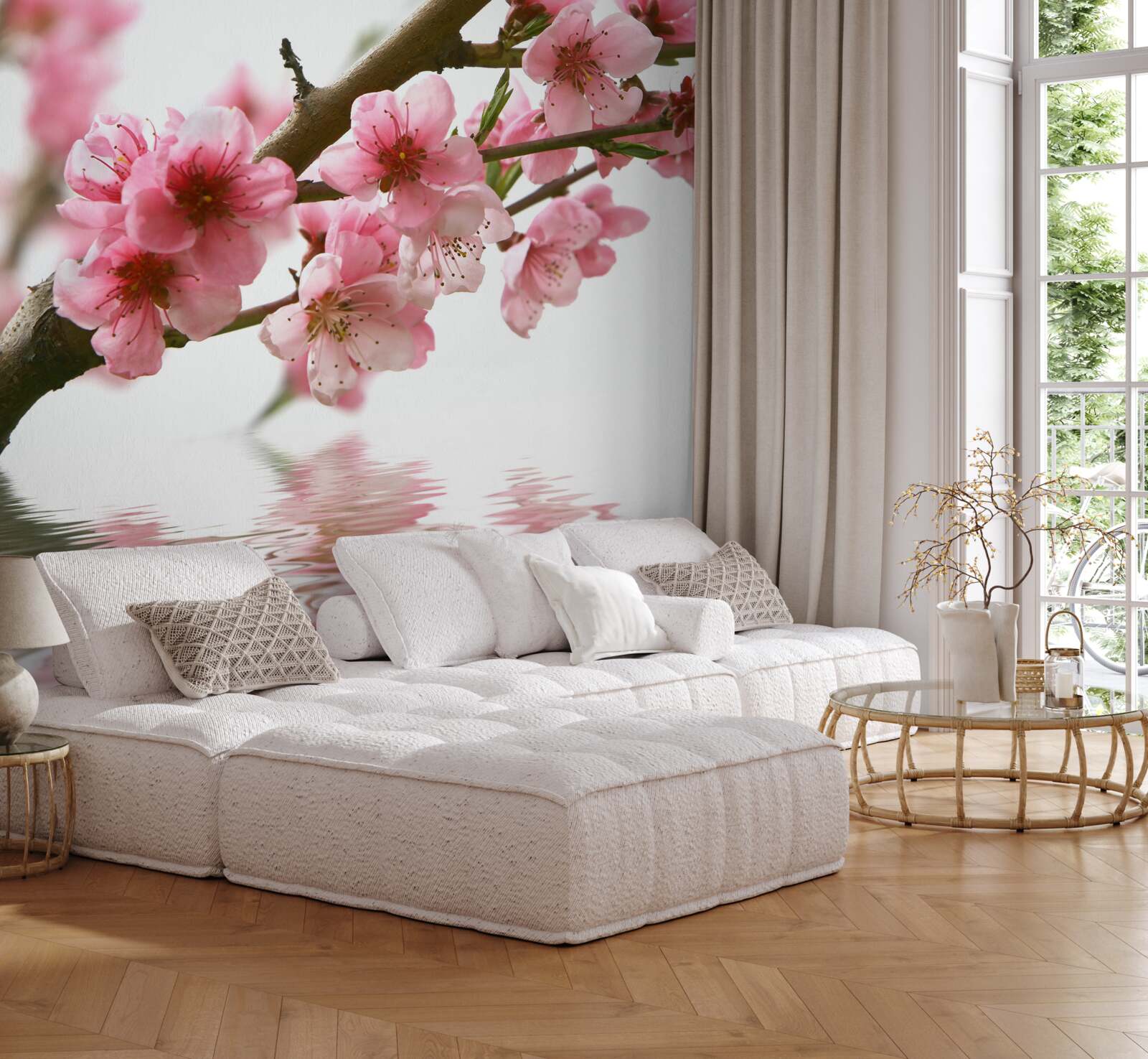 Fototapet ramură de sakura roz atârnând deasupra apei