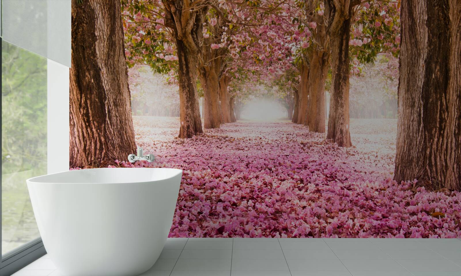 Fototapet sakura roz a acoperit aleea