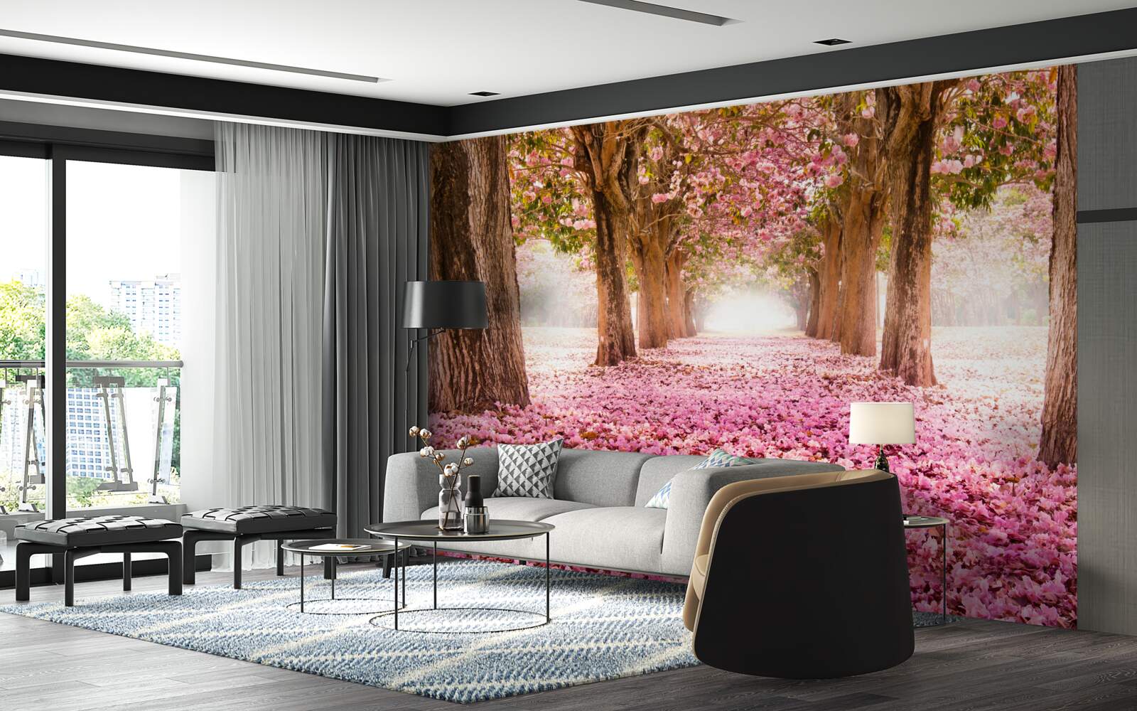 Fototapet sakura roz a acoperit aleea