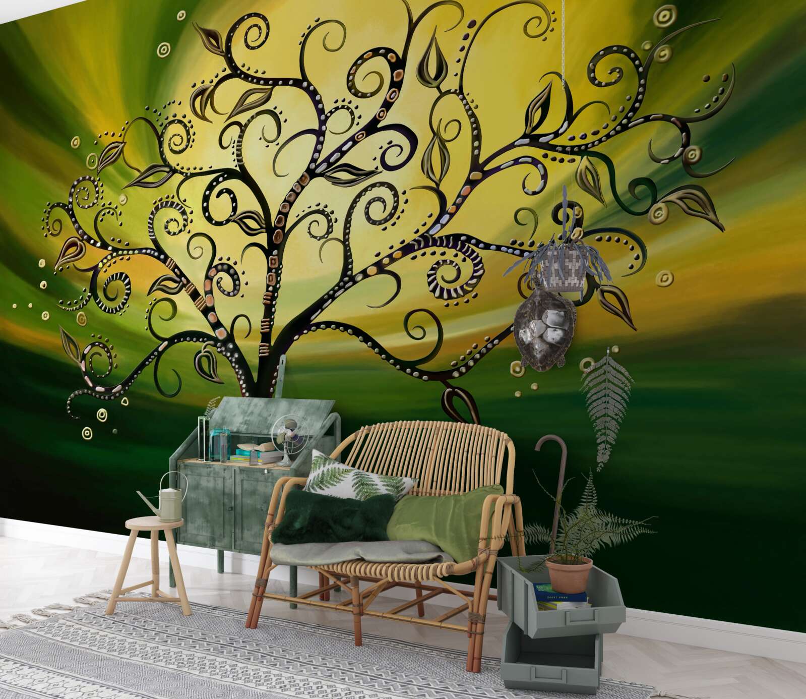 Fototapet copac cu modele pe un cer verde la apus de soare
